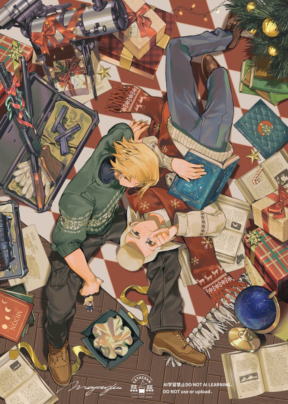 xeno (dr.stone), dr. stone, highres, 2boys, blonde hair, book, box, brothers, candy, christmas, christmas ornaments, christmas present, christmas tree, food, from above, full body, gift, gift box, globe, green sweater, holding, holding book, implied yaoi, jewelry, lying, male focus, merry christmas, moyouzhu dcst, multiple boys, on back, pants, red scarf, ribbon, ring, scarf, shoes, short hair, siblings, sitting, stanley snyder (dr.stone), sweater, telescope, wedding ring, white sweater, yaoi