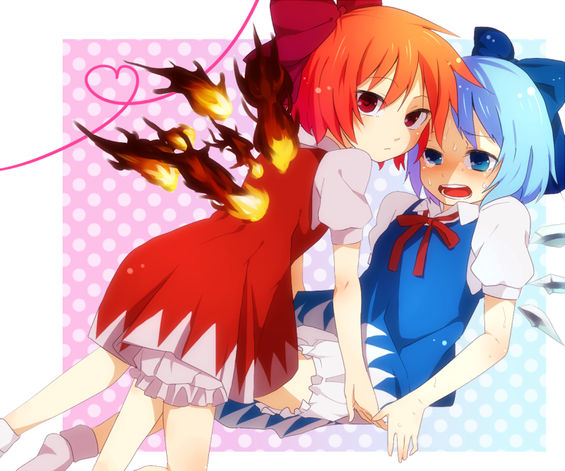 kurasaki moroko, achi cirno, cirno, embodiment of scarlet devil, touhou, bad id, bad pixiv id, 2girls, alternate color, alternate element, blue eyes, blue hair, blush, bow, dual persona, fiery wings, fire, hair bow, multiple girls, red eyes, red hair, short hair, sweat, wings