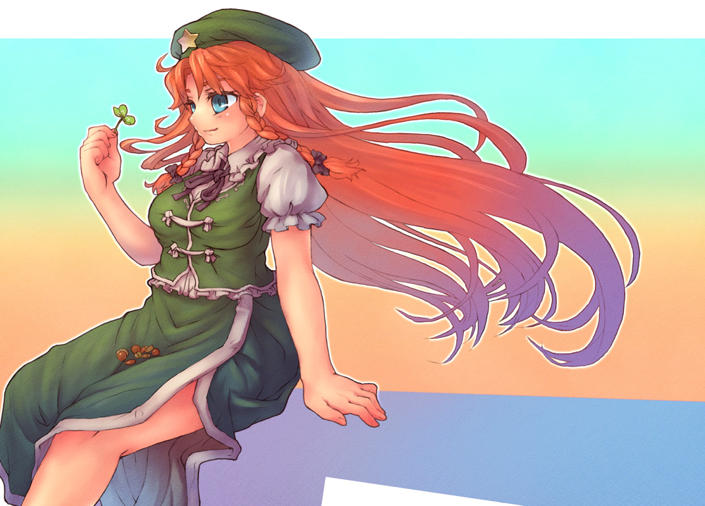 sankuma, hong meiling, embodiment of scarlet devil, touhou, 1girl, blue eyes, braid, breasts, china dress, chinese clothes, dress, female focus, gradient background, hat, long hair, red hair, solo, twin braids