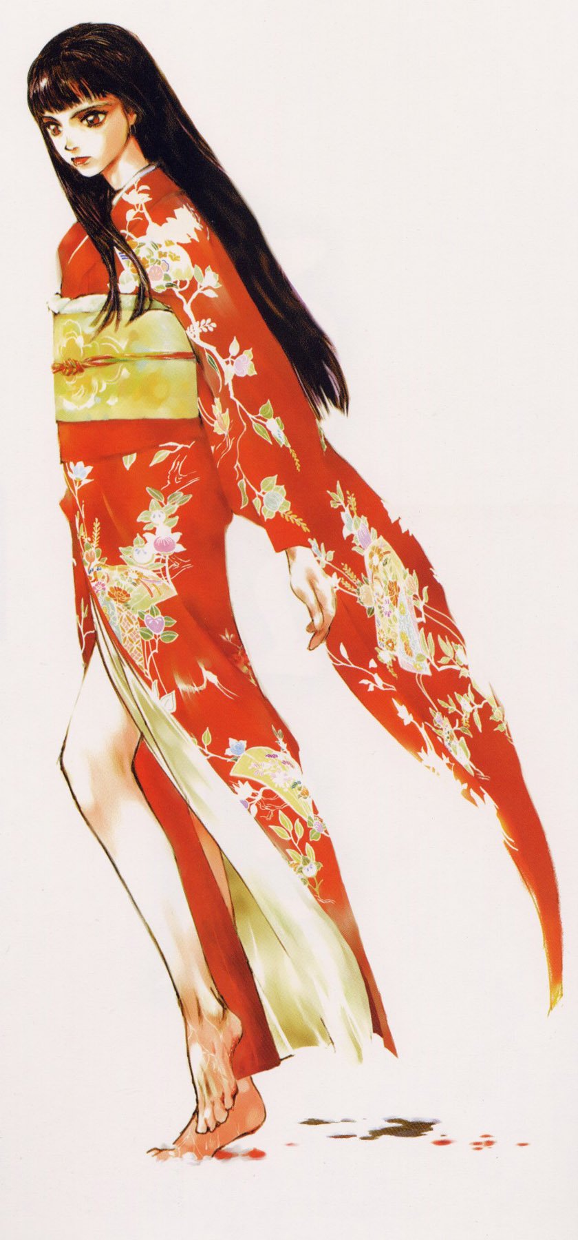 okazaki takeshi, artbook, highres, scan, 1girl, barefoot, black hair, blood, feet, female focus, full body, japanese clothes, kimono, long hair, snow, solo