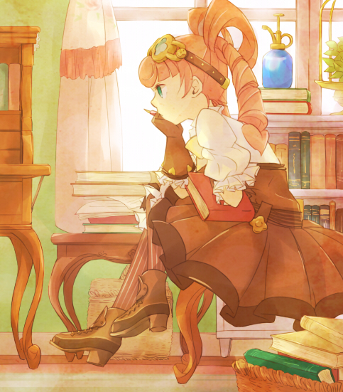 takamoriwako, iris wilson, ace attorney, the great ace attorney, commentary request, 1girl, aqua eyes, belt, birdcage, black belt, blunt bangs, book, book stack, bookshelf, boots, brown boots, brown gloves, brown vest, buttons, cage, closed mouth, curly hair, curtains, dark skin, day, expressionless, frilled gloves, frills, from side, full body, gloves, goggles, goggles on head, gold buttons, hand on own chin, heart, heart-shaped hair, heart button, high heel boots, high heels, holding, holding book, long hair, looking ahead, medium skirt, on stool, pantyhose, pink hair, pink pantyhose, pleated skirt, pointy nose, puffy short sleeves, puffy sleeves, ringlets, round eyewear, shirt, short sleeves, sitting, skirt, skirt set, solo, steampunk, striped belt, striped clothes, striped pantyhose, table, thinking, twintails, vertical-striped clothes, vertical-striped pantyhose, vest, white shirt, window, yellow-framed eyewear