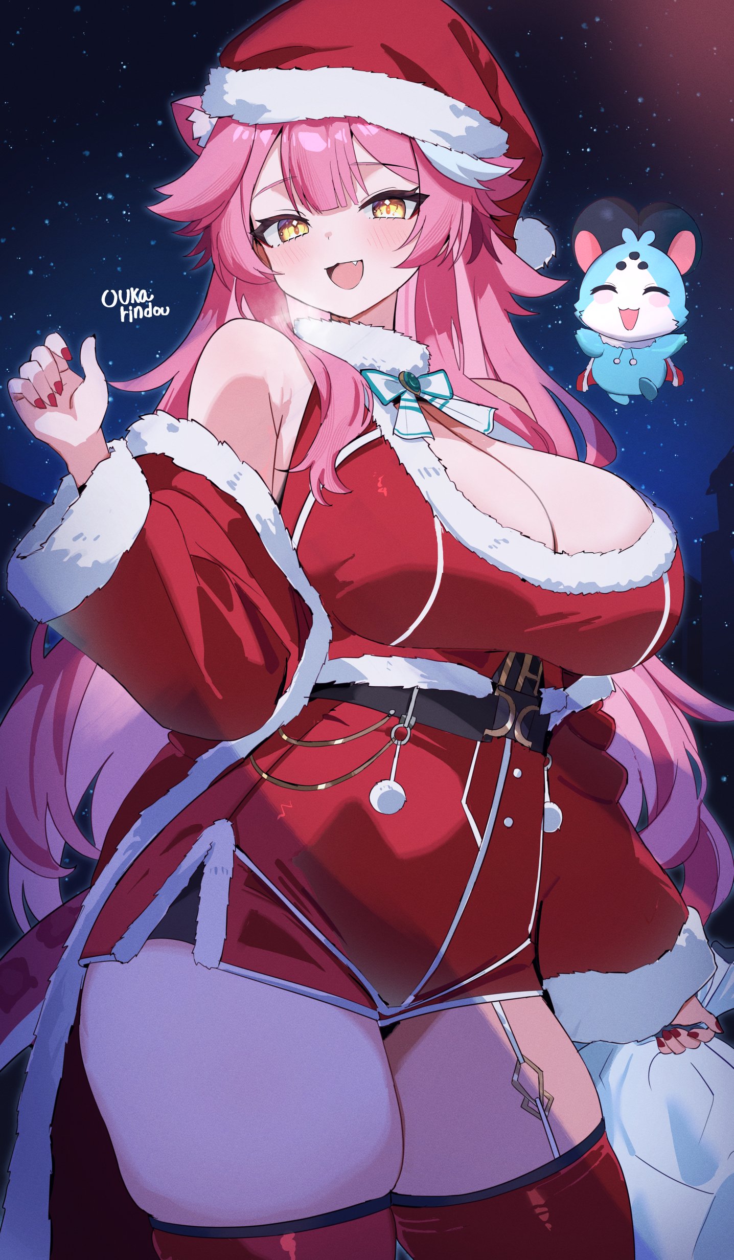 o-rindou5100, chattino (raora panthera), raora panthera, hololive, hololive english, absurdres, commentary, highres, 1girl, alternate costume, animal ear fluff, animal ears, artist name, blush, bow, bowtie, breasts, cleavage, clothes down, coat, corset, double-parted bangs, fang, fingernails, fur-trimmed coat, fur-trimmed headwear, fur-trimmed shirt, fur collar, fur trim, garter straps, hair flip, hat, holding, holding sack, large breasts, long hair, long sleeves, looking at viewer, multicolored hair, nail polish, night, outdoors, panther ears, panther girl, panther tail, pink hair, pom pom (clothes), red coat, red hat, red nails, red shorts, red thighhighs, sack, santa costume, santa hat, shirt, short shorts, shorts, single garter strap, sky, sleeveless, smile, solo, star (sky), starry sky, streaked hair, tail, thick thighs, thighhighs, thighs, virtual youtuber, white bow, white bowtie, white hair, yellow eyes
