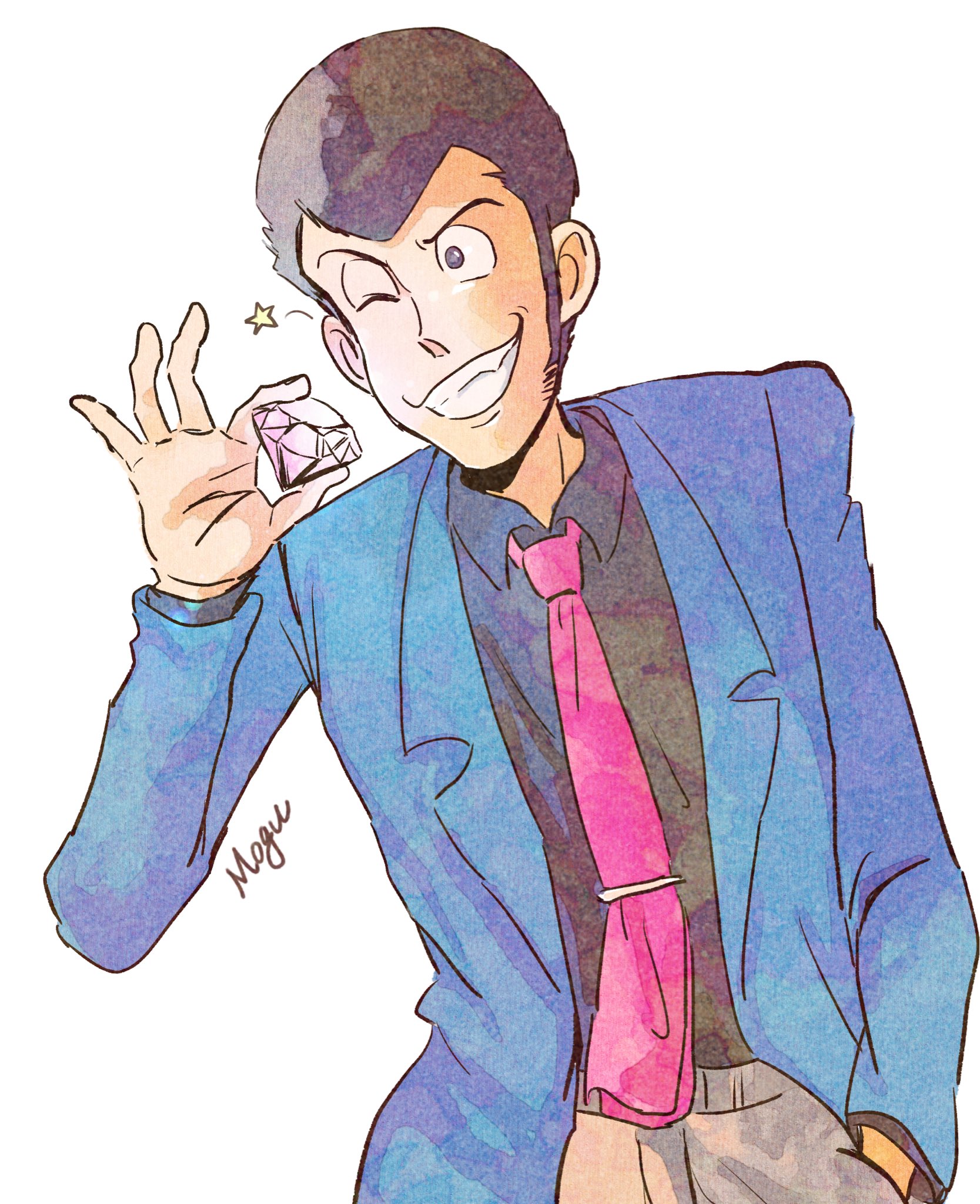 arsene lupin iii, lupin iii, commentary, highres, symbol-only commentary, 1boy, black hair, black shirt, blazer, blue jacket, brown pants, collared shirt, grey pants, grin, hand in pocket, holding, jacket, long sideburns, male focus, mm lupin3, necktie, one eye closed, pants, pink necktie, sharp teeth, shiny skin, shirt, short hair, sideburns, signature, simple background, smile, solo, star (symbol), teeth, tie clip, white background, white pants