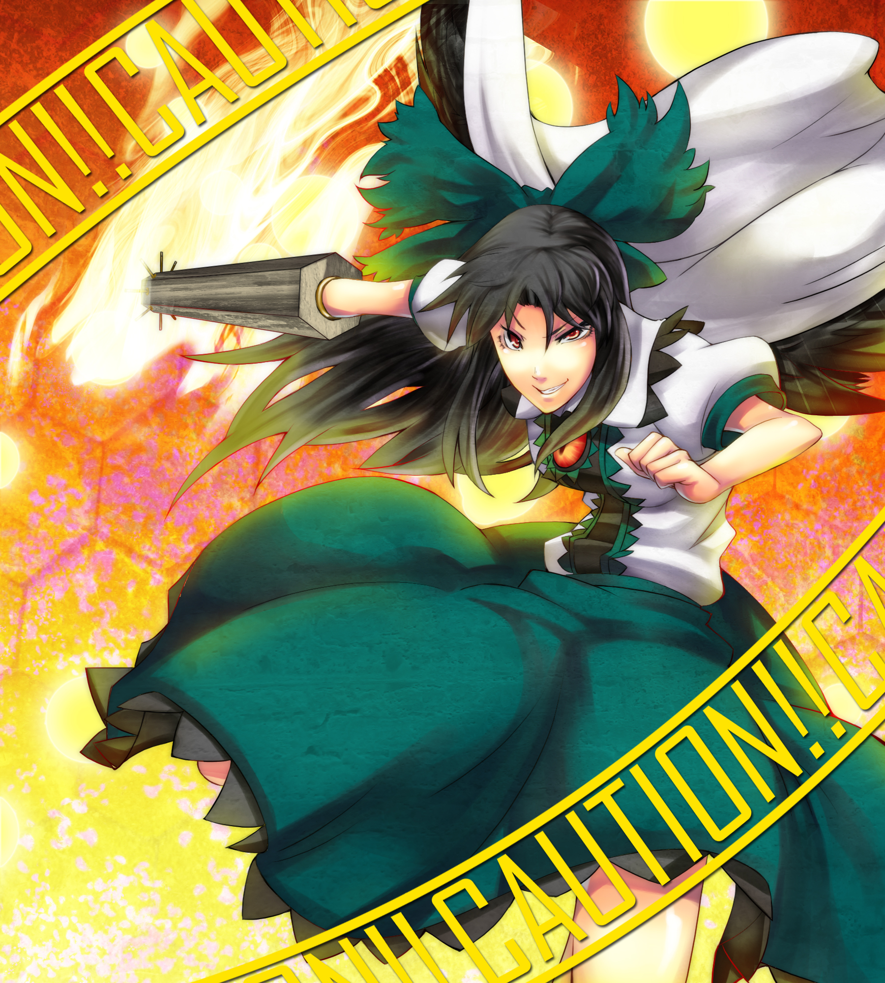 scottie (phantom2), reiuji utsuho, touhou, bad id, bad pixiv id, highres, 1girl, arm cannon, black hair, bow, female focus, fire, hair bow, long hair, red eyes, smirk, solo, squinting, weapon, wings