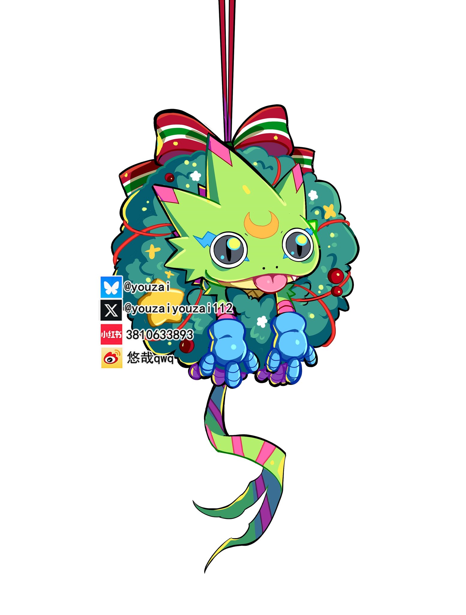 youzaiyouzai112, gekkomon, digimon, highres, blue gloves, christmas, digimon (creature), full body, gecko, gloves, no humans, simple background, slit pupils, tongue, tongue out, white background