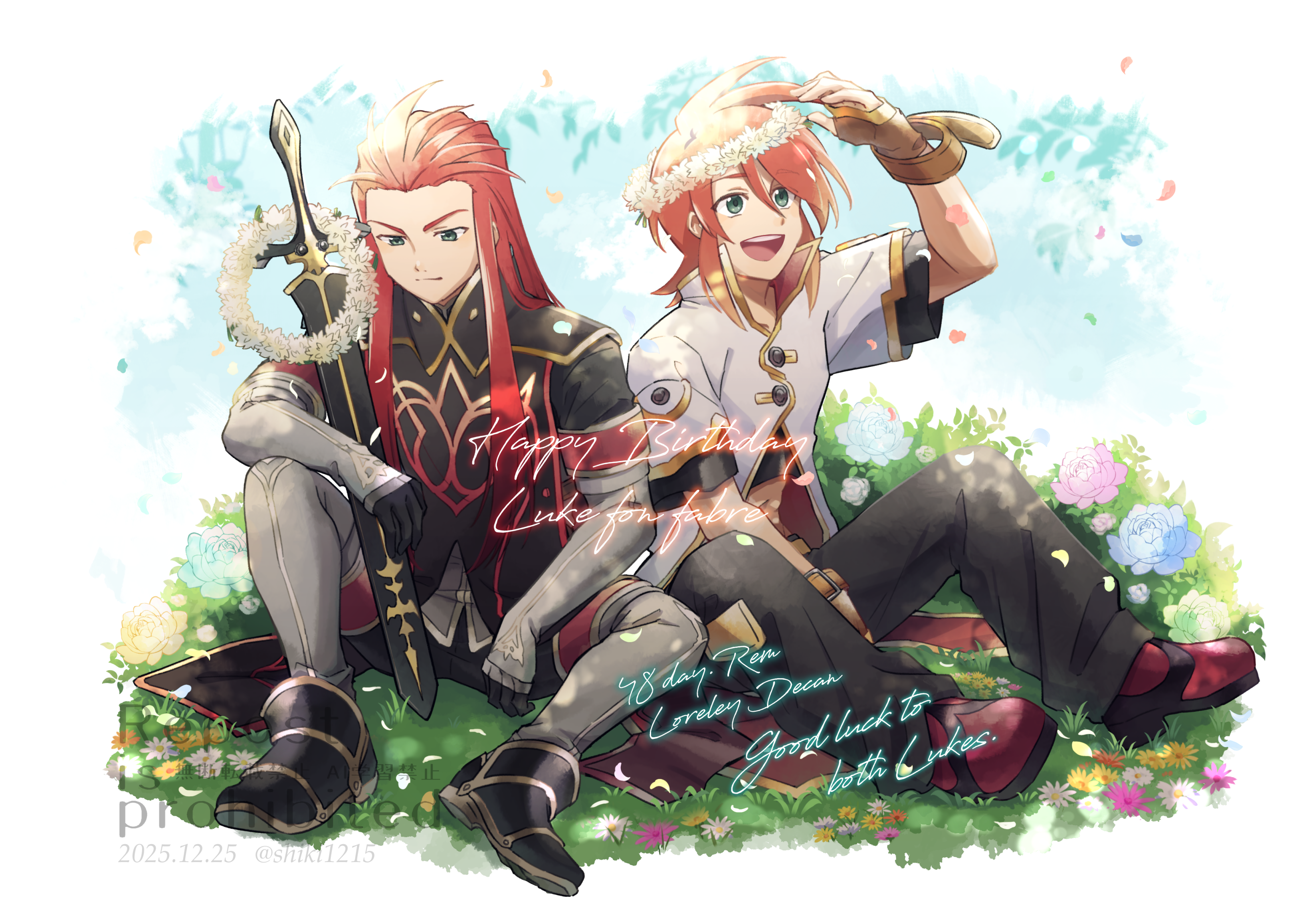 shiki 123, asch (tales), luke fon fabre, tales of (series), tales of the abyss, absurdres, commentary request, highres, 2boys, black pants, black tabard, blue flower, blue sky, boots, brown gloves, cloud, cloudy sky, elbow gloves, falling petals, fingerless gloves, flower, full body, gloves, grass, green eyes, grey boots, grey gloves, happy birthday, head wreath, jacket, long hair, male focus, multiple boys, open mouth, pants, petals, pink flower, red hair, short hair, short sleeves, sidelocks, sitting, sky, sword, tabard, thigh boots, weapon, white flower, white jacket, yellow flower