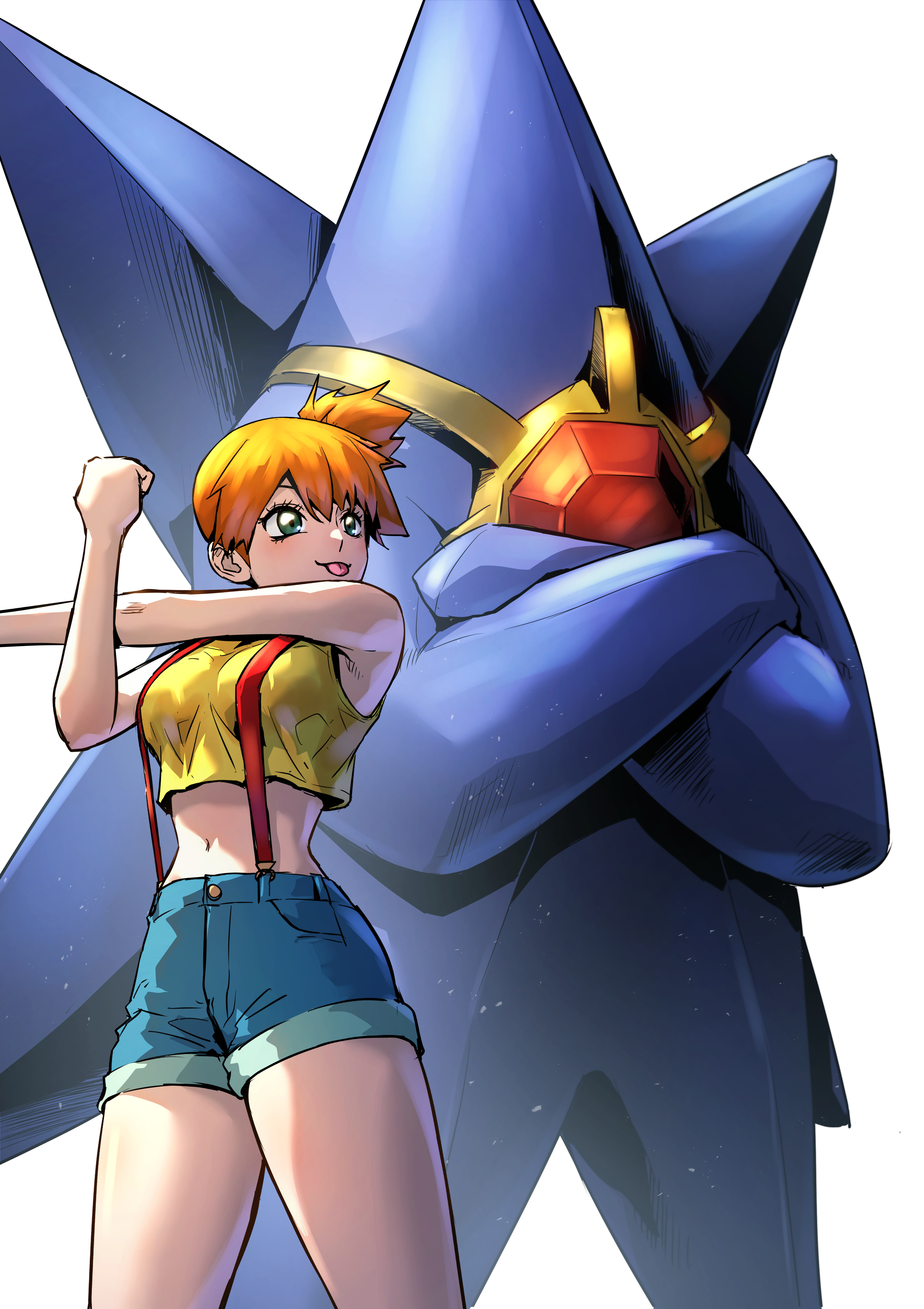 diagram (purpleicegram), mega starmie, misty (pokemon), starmie, nintendo, pokemon, pokemon (anime), pokemon (classic anime), absurdres, commentary, highres, 1girl, bare arms, bare shoulders, blue eyes, blue shorts, breasts, crop top, crossed arms, denim, denim shorts, feet out of frame, gen 1 pokemon, medium breasts, mega evolution, midriff, navel, orange hair, outstretched arm, pokemon (creature), short hair, shorts, side ponytail, standing, stretching, suspenders, tank top, thighs, tongue, white background, yellow tank top