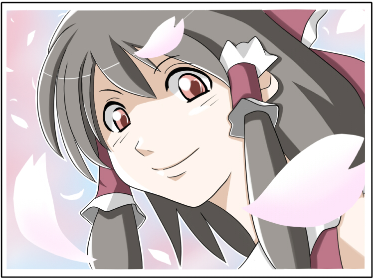 ao usagi, hakurei reimu, touhou, bad id, bad pixiv id, 1girl, cherry blossoms, female focus, petals, solo