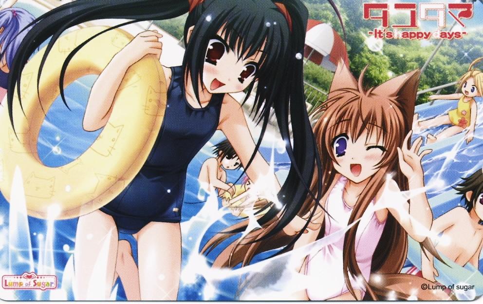 moekibara fumitake, mito mashiro, nue (tayutama), tayutama, jpeg artifacts, 00s, 2girls, animal ears, black hair, blush, brown hair, card, child, flat chest, innertube, long hair, multiple girls, one-piece swimsuit, one eye closed, pool, purple eyes, red eyes, ribbon, school swimsuit, swim ring, swimsuit, twintails, water, wink