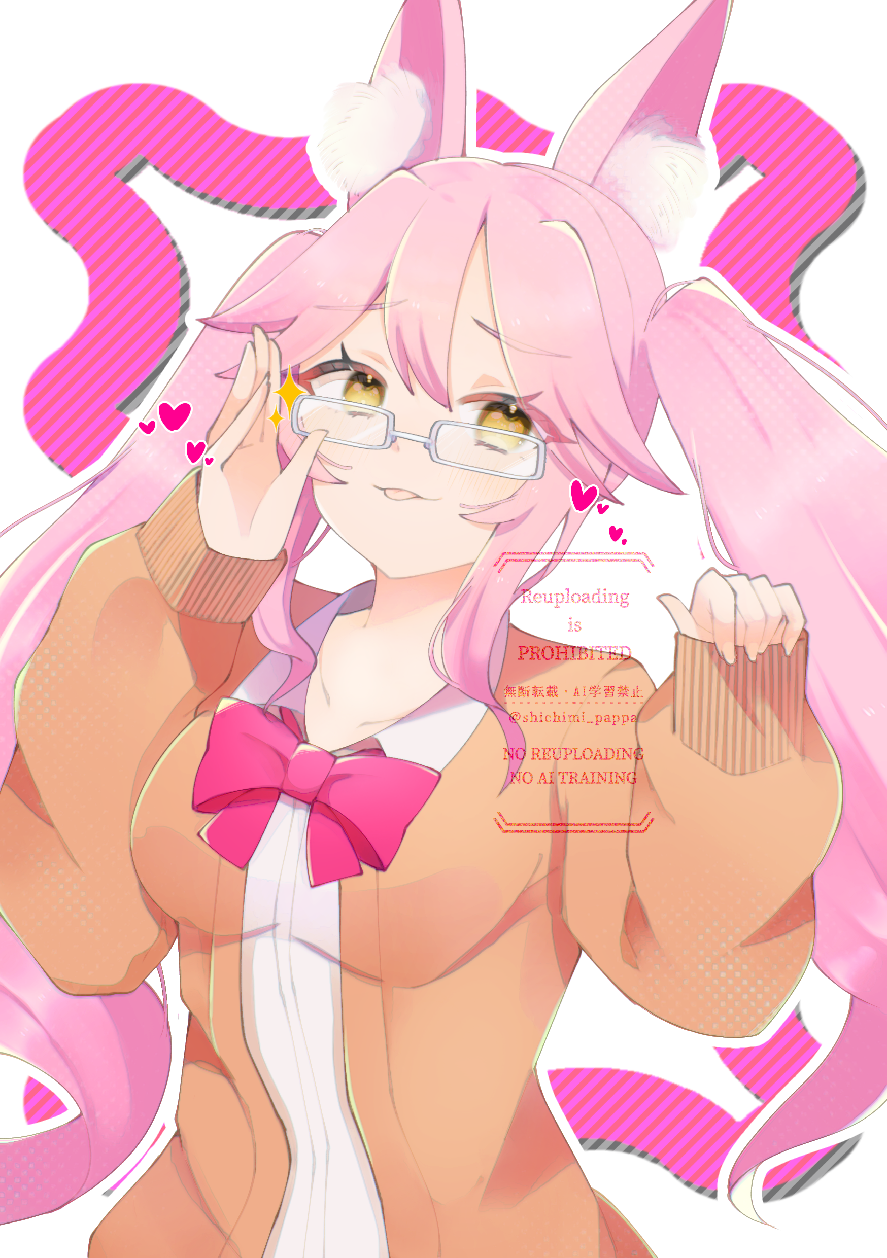 shichimi (shichimi 8), koyanskaya (assassin) (second ascension) (fate), koyanskaya (fate), fate/grand order, fate (series), absurdres, commentary, highres, 1girl, animal ear fluff, animal ears, bow, bowtie, breasts, fox ears, fox girl, glasses, heart, jacket, light blush, long hair, looking at viewer, medium breasts, pink bow, pink bowtie, pink hair, school uniform, shirt, sidelocks, smile, solo, sparkle, tongue, tongue out, twintails, watermark, white shirt, yellow eyes