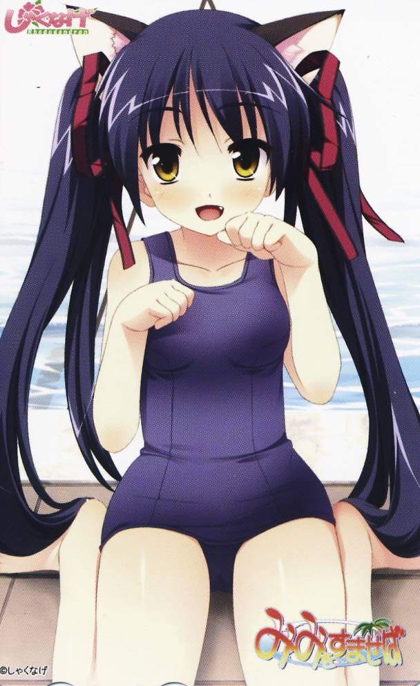 souryuu (double dragon), oogami hinata, mimi wo sumaseba (eroge), jpeg artifacts, 1girl, animal ears, black hair, blush, brown eyes, card, card (medium), cat ears, female focus, long hair, one-piece swimsuit, paw pose, school swimsuit, solo, swimsuit, twintails