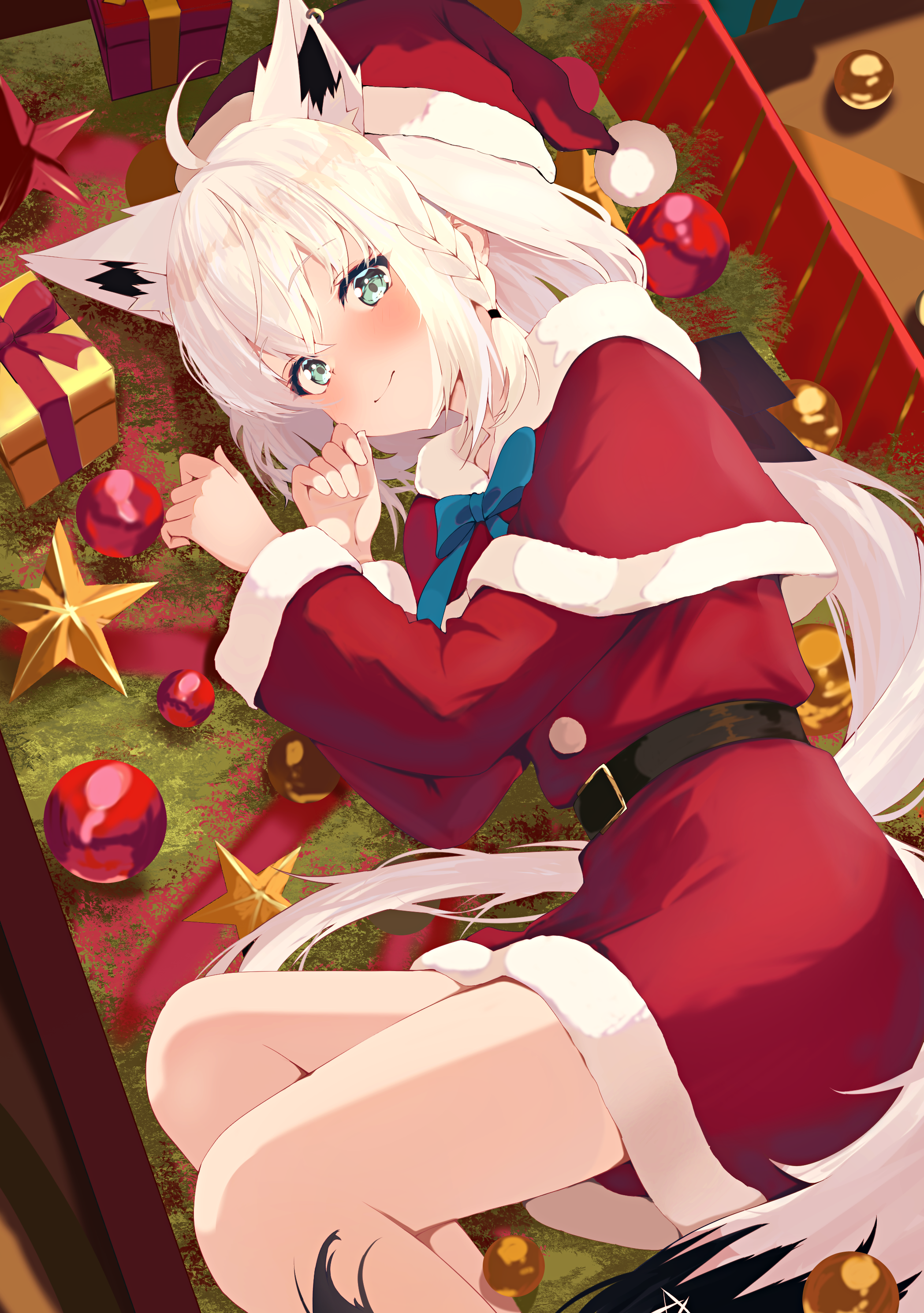 natsuki (natsu 1936), shirakami fubuki, hololive, absurdres, commentary request, highres, 1girl, ahoge, alternate costume, animal ear piercing, animal ears, aqua eyes, belt, black belt, black ribbon, box, braid, capelet, closed mouth, crossed bangs, double-parted bangs, dress, extra ears, fox ears, fox girl, fox tail, fur-trimmed capelet, fur-trimmed dress, fur-trimmed headwear, fur trim, gift, gift box, hair between eyes, hair ribbon, hat, in box, in container, light blush, long hair, long sleeves, looking at viewer, low ponytail, lying, on side, pentagram, pom pom (clothes), ponytail, red capelet, red dress, red hat, ribbon, santa costume, santa dress, santa hat, short dress, side braid, single braid, smile, solo, tail, very long hair, virtual youtuber, white hair