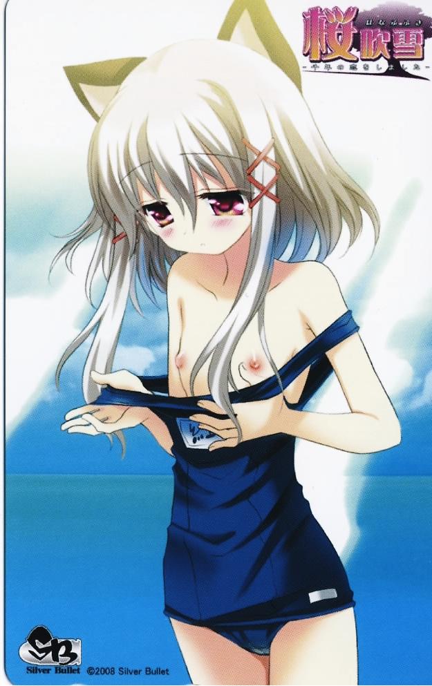 sakurazawa izumi, sakuramori akasha, hanafubuki, scan, scan artifacts, 1girl, animal ears, blush, card, card (medium), cat ears, clothes pull, color halftone, female focus, flat chest, loli, name tag, nipples, one-piece swimsuit, one-piece swimsuit pull, pulling own clothes, red eyes, school swimsuit, short hair, solo, strap pull, swimsuit, white hair