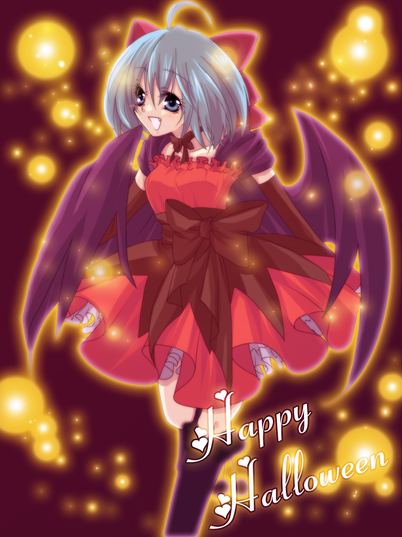 akira tsukiryuu, kuko (endless-repeat), cirno, touhou, 1girl, ahoge, blue eyes, blue hair, bow, cape, dress, elbow gloves, fang, female focus, gloves, halloween, happy halloween, matching hair/eyes, short hair, solo