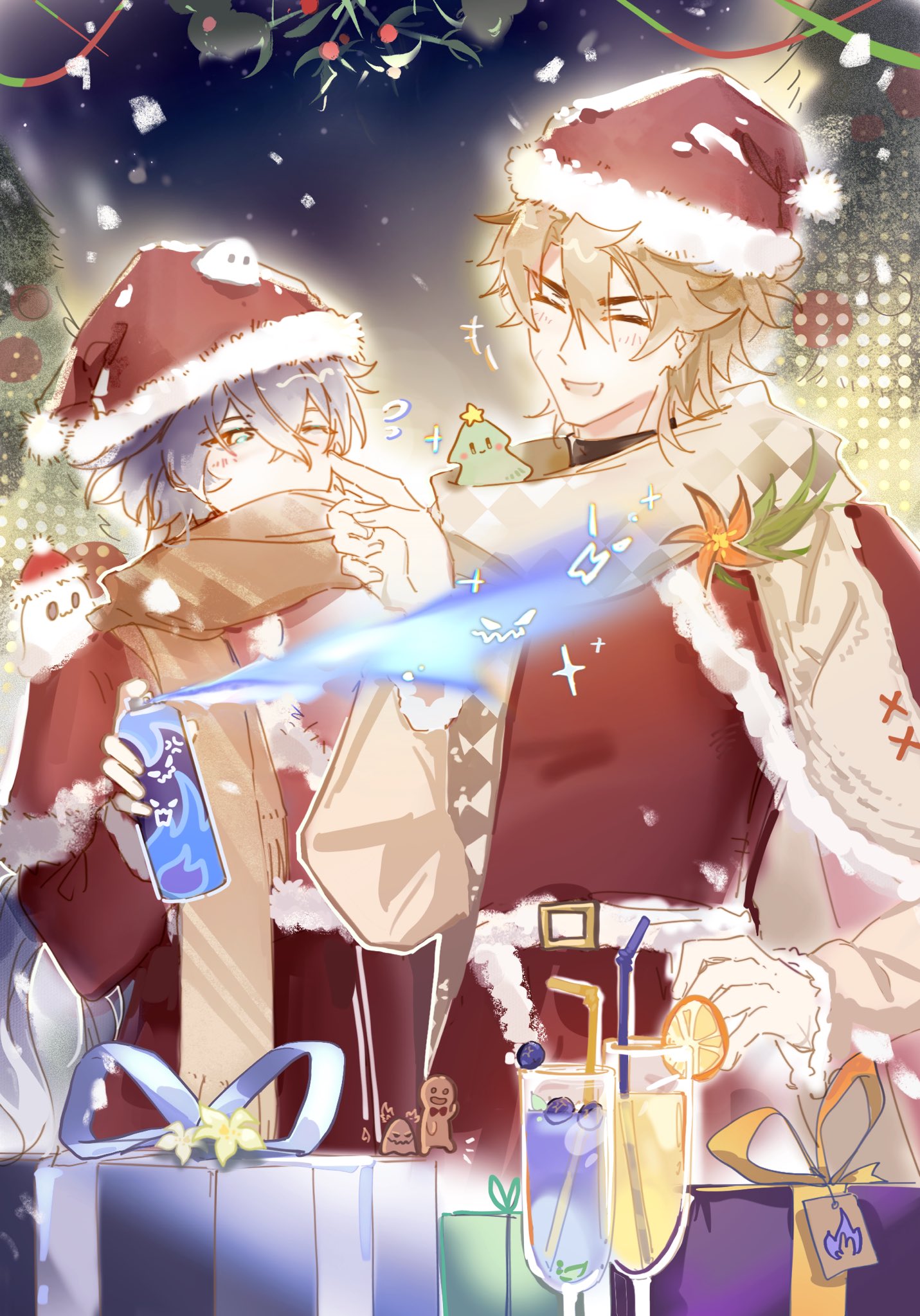 flins (genshin impact), varka (genshin impact), genshin impact, commentary, highres, 2boys, closed eyes, covered mouth, ghost, gift, glasses, hat, lightis4, male focus, multiple boys, one eye closed, ribbon, santa costume, santa hat, scarf, spray can