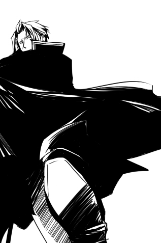 takamoriwako, barok van zieks, ace attorney, the great ace attorney, commentary request, lowres, 1boy, collared cape, covered mouth, dress shirt, foot out of frame, forehead, greyscale, high collar, imminent stomp, looking at viewer, male focus, monochrome, pants, scar, scar on face, shirt, short hair, simple background, solo, white background