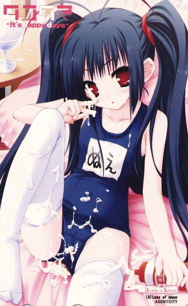 moekibara fumitake, nue (tayutama), tayutama, scan, scan artifacts, 00s, 1girl, black hair, card, card (medium), color halftone, cream, female focus, food, loli, long hair, name tag, one-piece swimsuit, red eyes, ribbon, school swimsuit, sexually suggestive, solo, swimsuit, thighhighs, twintails