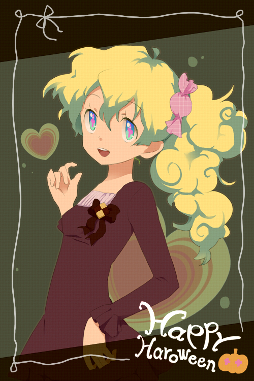 sanndo, nia teppelin, tengen toppa gurren lagann, + +, 00s, 1girl, candy, cross-shaped pupils, dress, english text, engrish text, female focus, food, hair ornament, halloween, happy halloween, multicolored hair, ponytail, ranguage, ribbon, solo, symbol-shaped pupils, typo