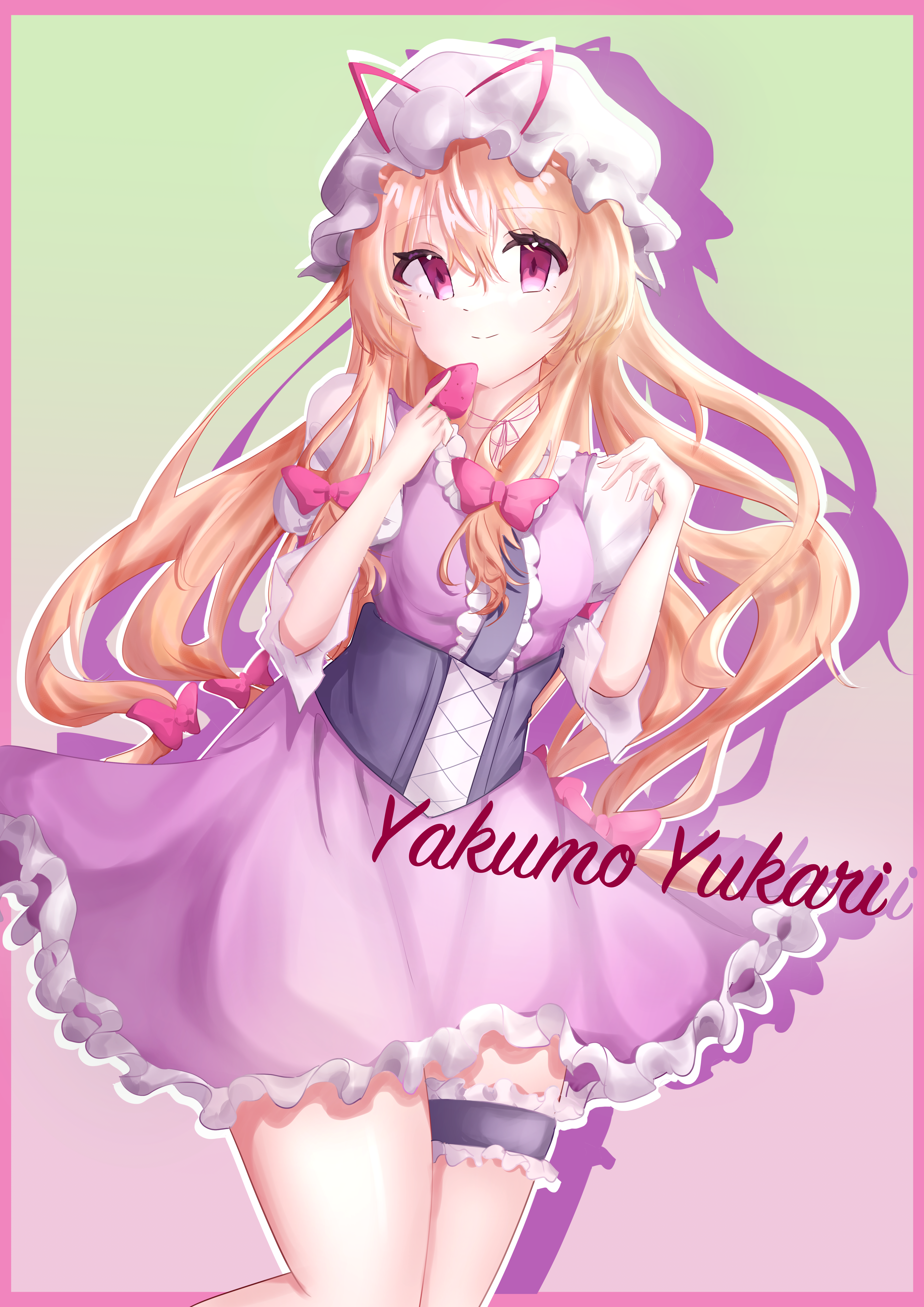 yakumo yukari, touhou, absurdres, highres, 1girl, alternate costume, black corset, blonde hair, bow, closed mouth, corset, dress, food, frilled cuff, frilled dress, frills, fruit, gradient background, hair between eyes, hair bow, hat, hat ribbon, holding, holding food, juliet sleeves, lace, long hair, long sleeves, mob cap, multiple hair bows, puffy sleeves, purple dress, purple eyes, red bow, red ribbon, ribbon, shadow, short sleeves, single thigh cuff, sleeve garter, smile, solo, spica0831mint, strawberry, very long hair, white hat