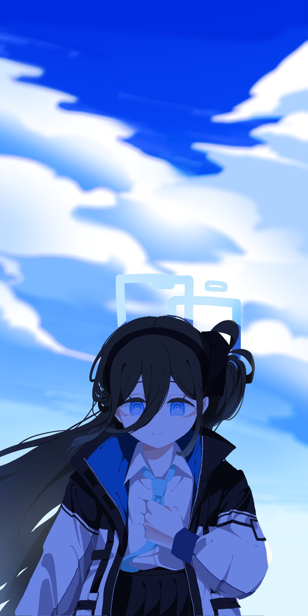 aris (blue archive), blue archive, commentary request, highres, korean commentary, 1girl, absurdly long hair, black hair, blue eyes, cloud, collared shirt, game development department (blue archive), hair between eyes, halo, holding necktie, jacket, long hair, long hair between eyes, necktie, nos talgia, rectangular halo, shirt, side ponytail, skirt, very long hair, white shirt