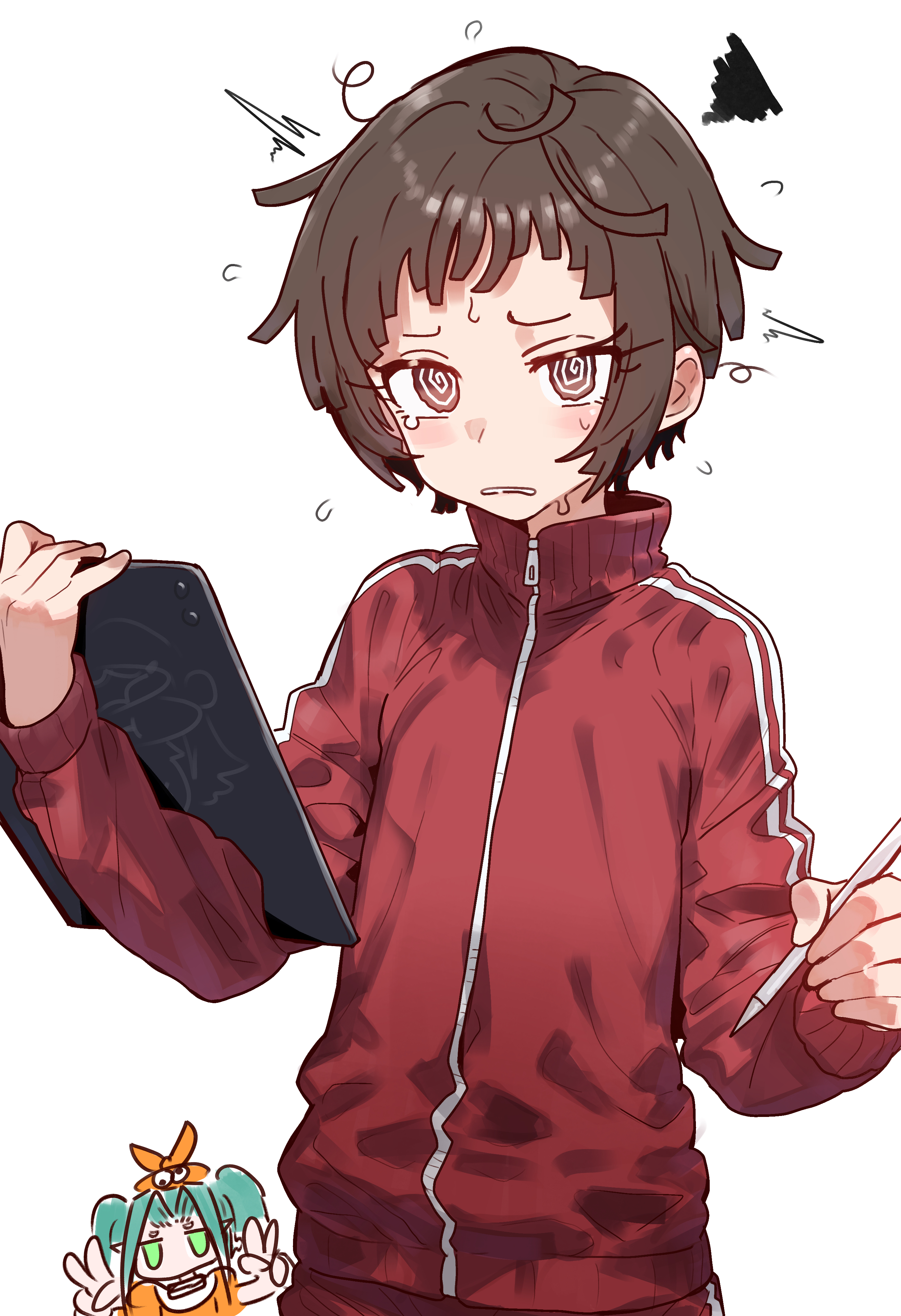 ebora, ononoki yotsugi, sengoku nadeko, monogatari (series), nademonogatari, absurdres, highres, 2girls, @ @, ^^^, blush, brown eyes, brown hair, chibi, chibi inset, clenched teeth, double v, eyelashes, flying sweatdrops, green eyes, high collar, holding, holding stylus, holding tablet pc, jacket, light blush, long eyelashes, long sleeves, looking at viewer, multiple girls, parted lips, present nadeko, red jacket, short hair, simple background, solo focus, squiggle, stylus, sweat, tablet pc, tearing up, teeth, track jacket, uneven bangs, upper body, v, wavy eyes, white background, zipper pull tab