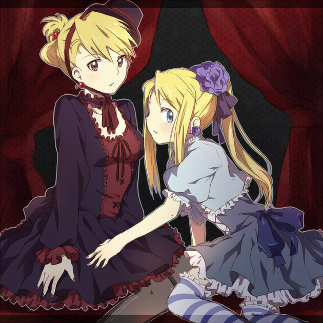riru, riza hawkeye, winry rockbell, fullmetal alchemist, bad id, bad pixiv id, 00s, 2girls, blonde hair, blue eyes, brown eyes, folded ponytail, gothic lolita, hat, lolita fashion, long hair, mini hat, mini top hat, multiple girls, ponytail, top hat
