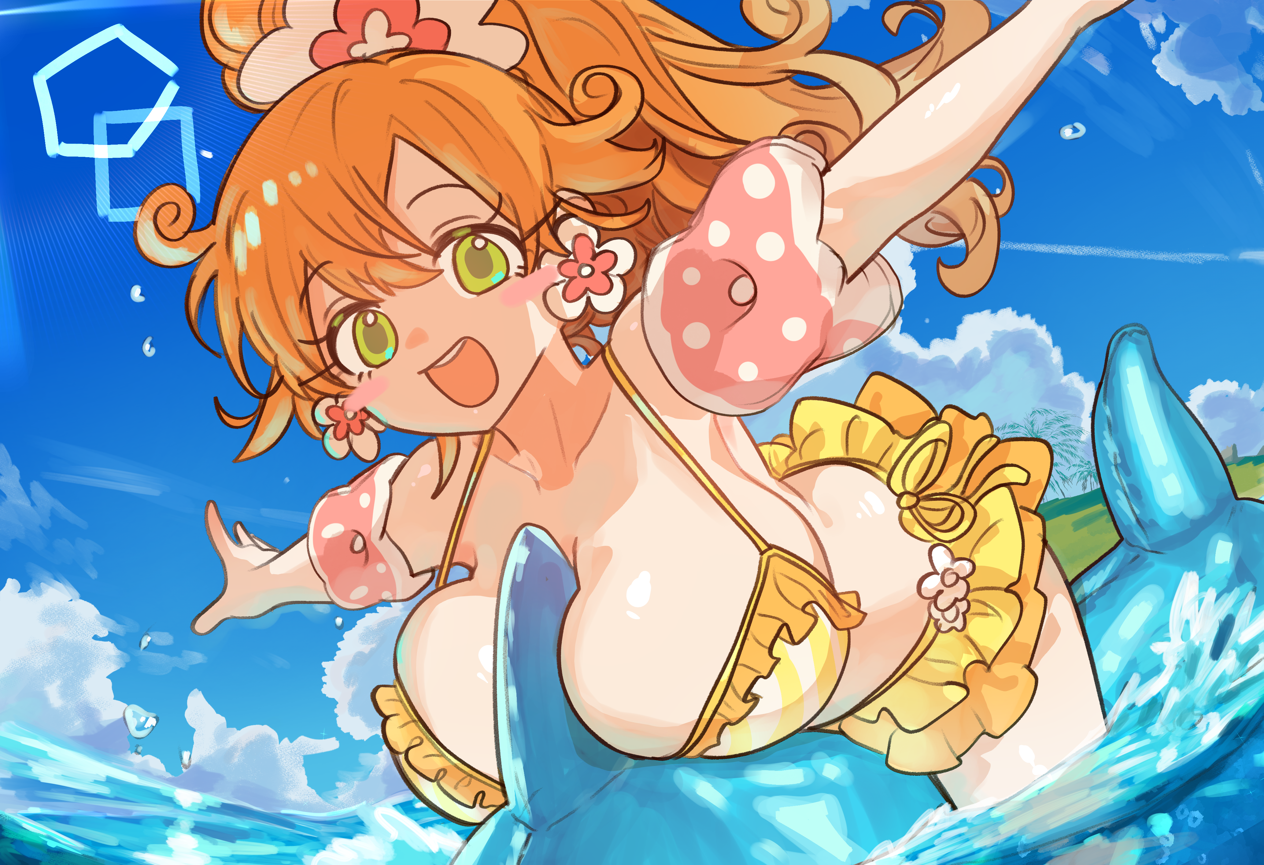 ebora, kai (nyanko daisensou), nyanko daisensou, absurdres, highres, 1girl, bare shoulders, bikini, blue sky, blush, breasts, cleavage, frilled bikini, frills, green eyes, large breasts, long hair, looking at viewer, ocean, open mouth, orange hair, ponytail, rainbow, sidelocks, sky, smile, solo, swimsuit, yellow bikini