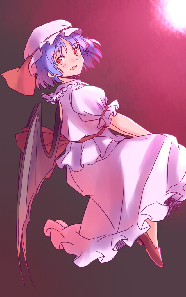rangycrow, remilia scarlet, touhou, commentary request, 1girl, back cutout, back ribbon, bat wings, blue hair, blush, clothing cutout, fang, frilled shirt collar, frills, from side, full body, hat, hat ribbon, looking to the side, mob cap, one-hour drawing challenge, open mouth, pink hat, pink shirt, pink skirt, puffy short sleeves, puffy sleeves, red background, red eyes, red ribbon, red shoes, ribbon, shirt, shoes, short hair, short sleeves, skin fang, skirt, smile, solo, wings