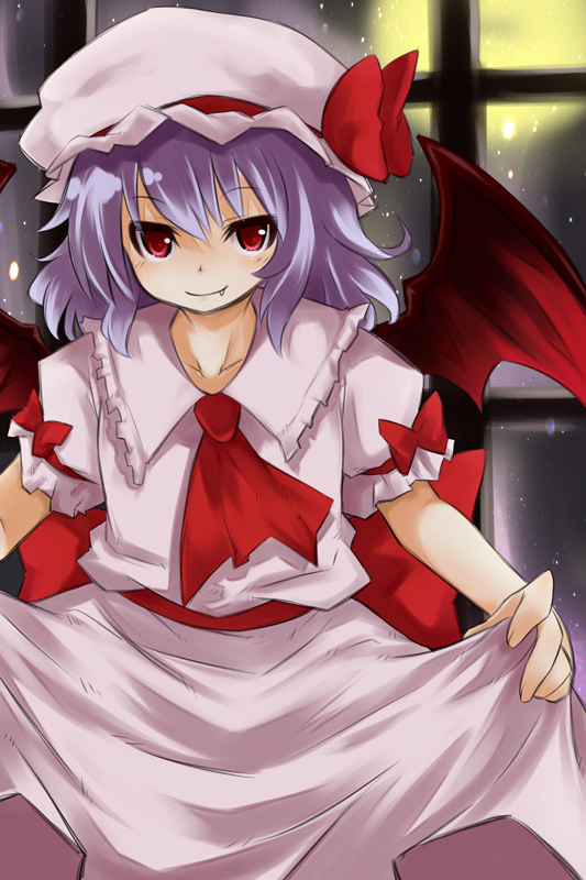 mukunoki nanatsu, nanatsu, remilia scarlet, touhou, bad id, bad pixiv id, 1girl, blue hair, fang, female focus, hat, red eyes, short hair, solo, wings