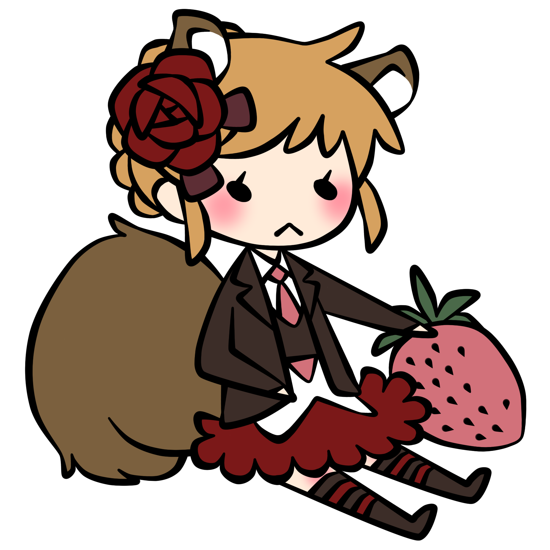 0930erina, beatrice (umineko), umineko no naku koro ni, bad id, bad pixiv id, highres, 00s, 1girl, :<, animal ears, blush, female focus, flat color, full body, necktie, pink necktie, simple background, solo, striped clothes, striped thighhighs, tail, thighhighs, white background