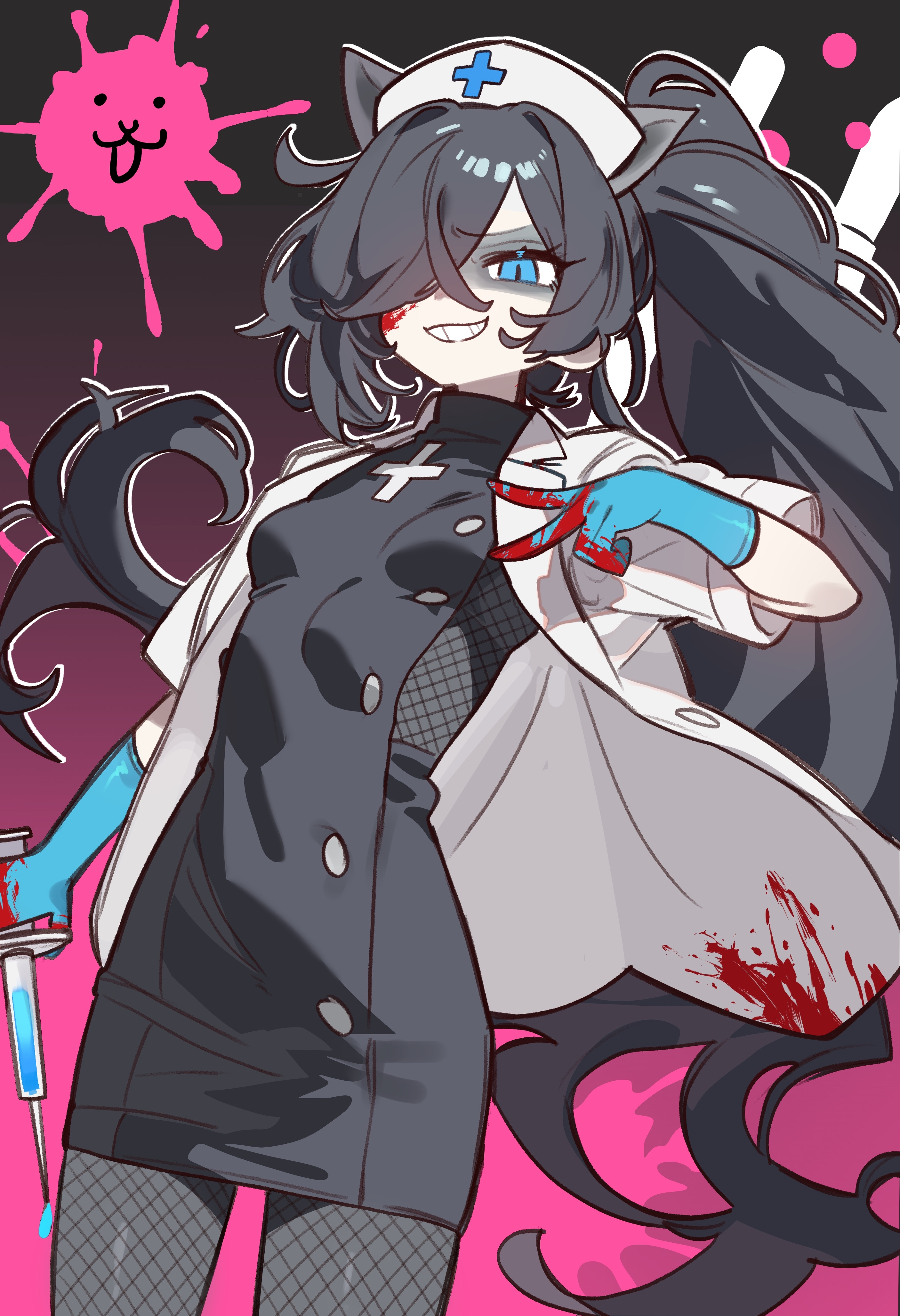 kasli (nyanko daisensou), nyanko daisensou, absurdres, highres, 1girl, animal ears, black dress, black hair, blood, blood on clothes, blood on face, blue eyes, bodystocking, breasts, cat ears, cat girl, coat, dress, extra ears, fishnet bodystocking, fishnets, gloves, grin, hair over one eye, hat, holding, holding syringe, lab coat, long hair, nurse cap, open clothes, open coat, pale skin, pink background, ponytail, rubber gloves, shaded face, short dress, short sleeves, small breasts, smile, solo, syringe, v, very long hair