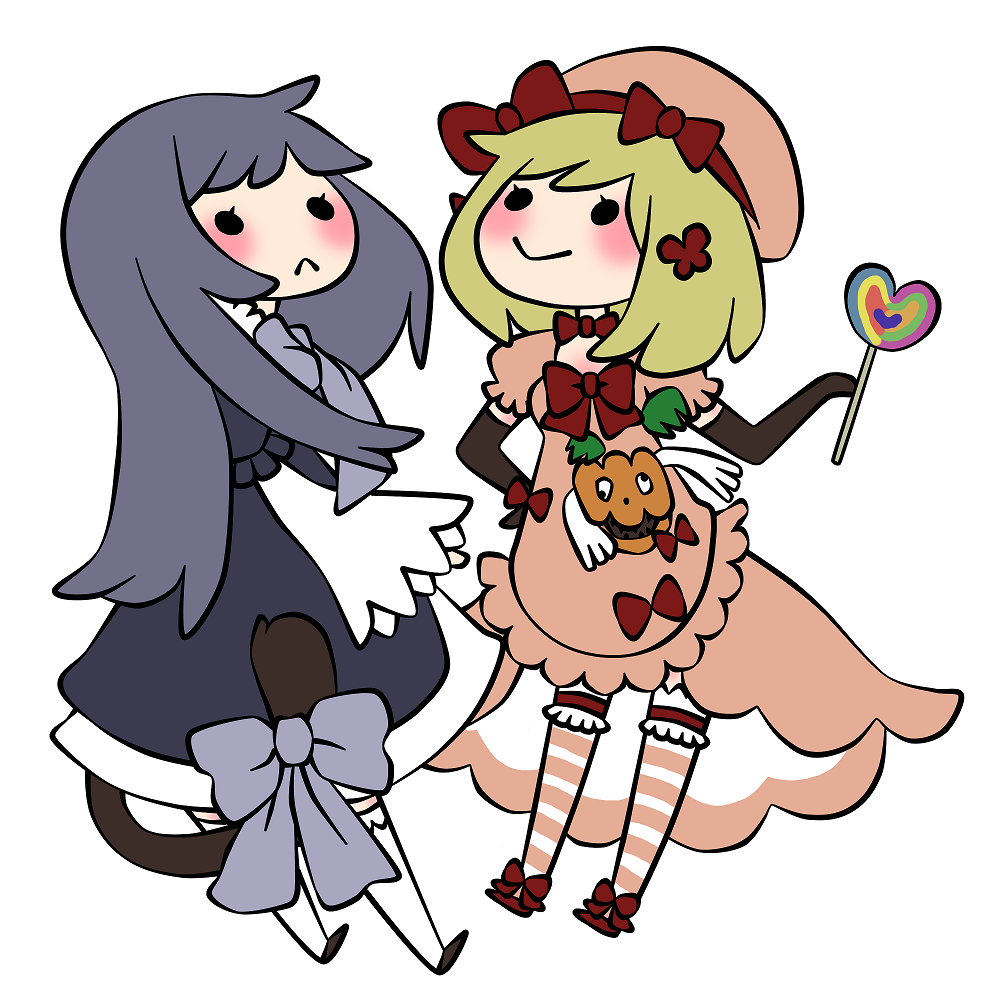 0930erina, frederica bernkastel, lambdadelta, spoo, okaasan to issho, umineko no naku koro ni, striped legwear, bad id, bad pixiv id, 00s, 2girls, :>, :<, blonde hair, blue hair, bow, candy, elbow gloves, food, gloves, hat, multiple girls, pink hat, striped clothes, striped thighhighs, tail, thighhighs