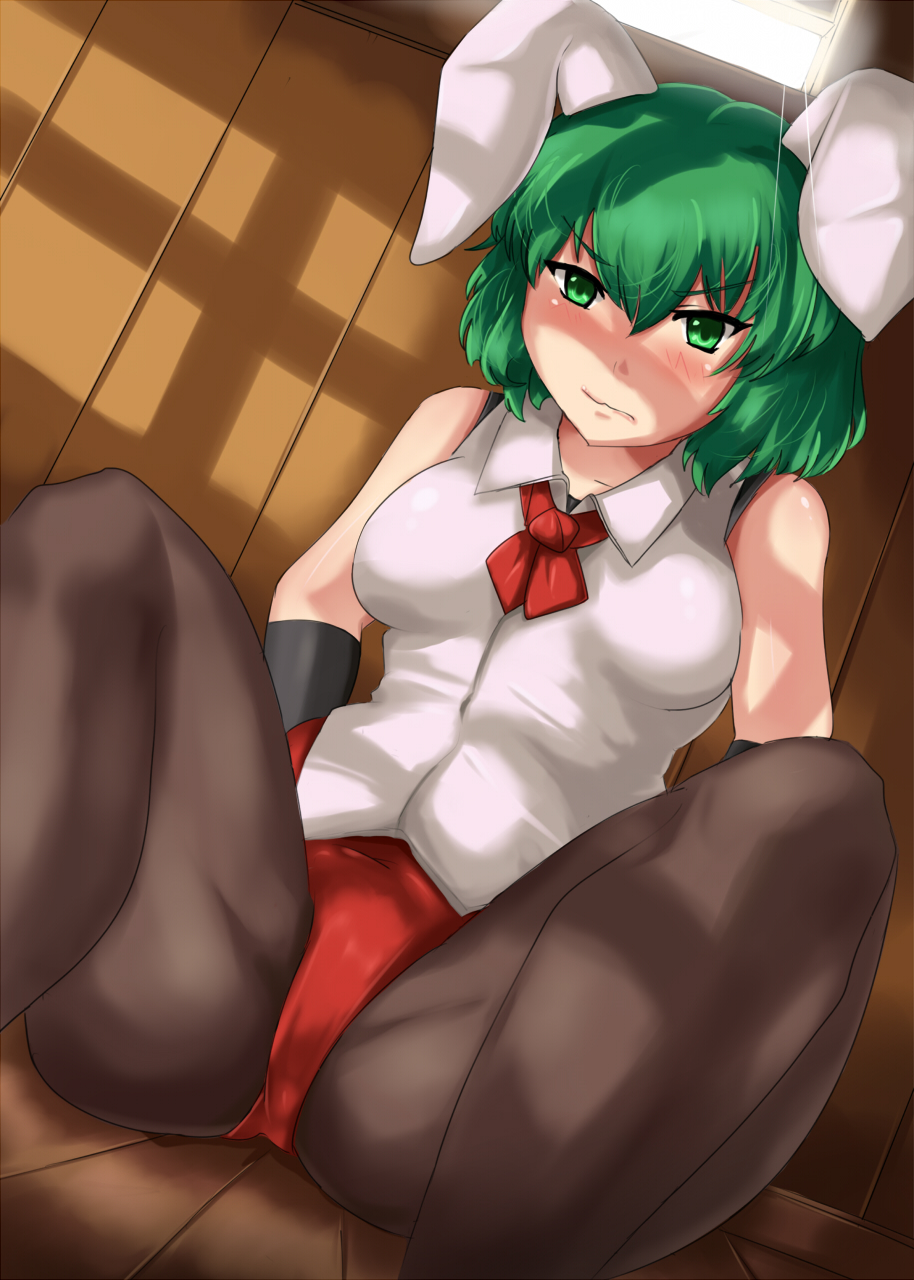 magukappu, kazami yuuka, touhou, highres, 1girl, animal ears, annoyed, blush, breasts, dutch angle, female focus, green eyes, green hair, matching hair/eyes, pantyhose, playboy bunny, rabbit ears, short hair, sitting, solo, spread legs, thighs, vest