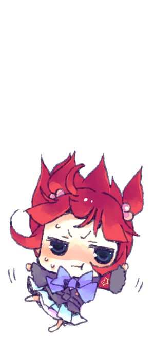 takamura masaya, ushiromiya ange, umineko no naku koro ni, 00s, 1girl, :t, armband, blue eyes, blush, bow, chibi, falling, female focus, full body, hair bobbles, hair ornament, red hair, solo, white background