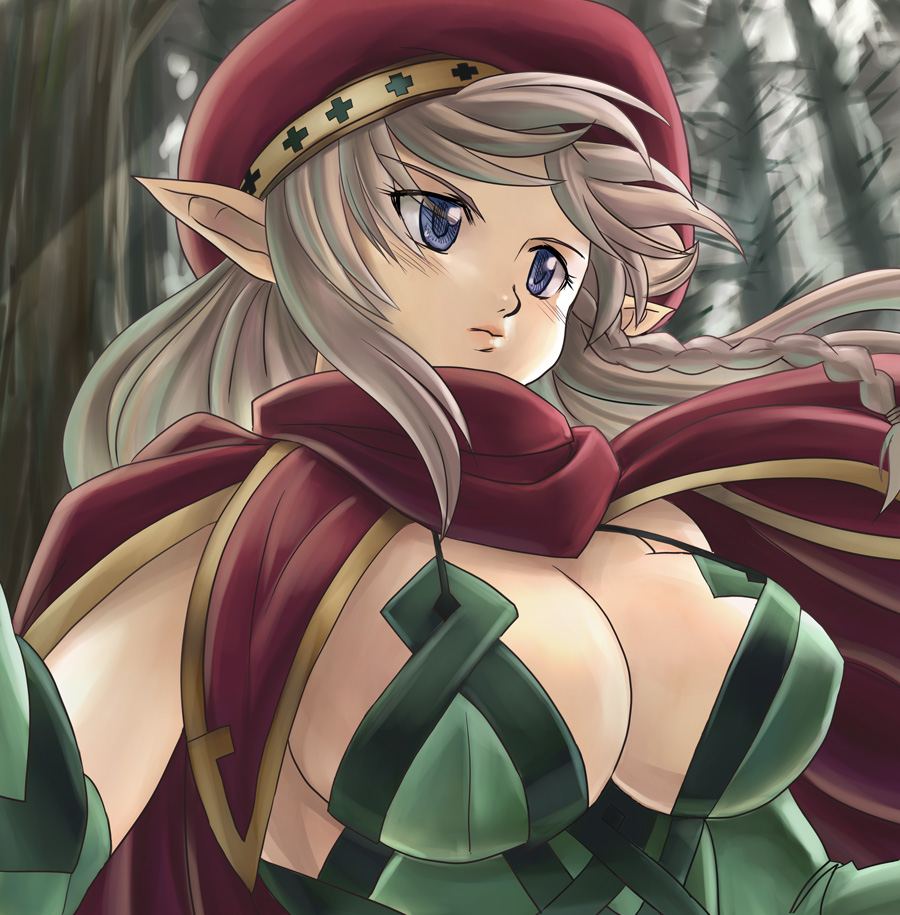 hamoto, alleyne (queen's blade), fighting master alleyne, queen's blade, bad id, bad pixiv id, 00s, 1girl, blue eyes, breasts, brown hair, cleavage, elf, female focus, forest, hat, large breasts, long hair, nature, outdoors, pointy ears, solo