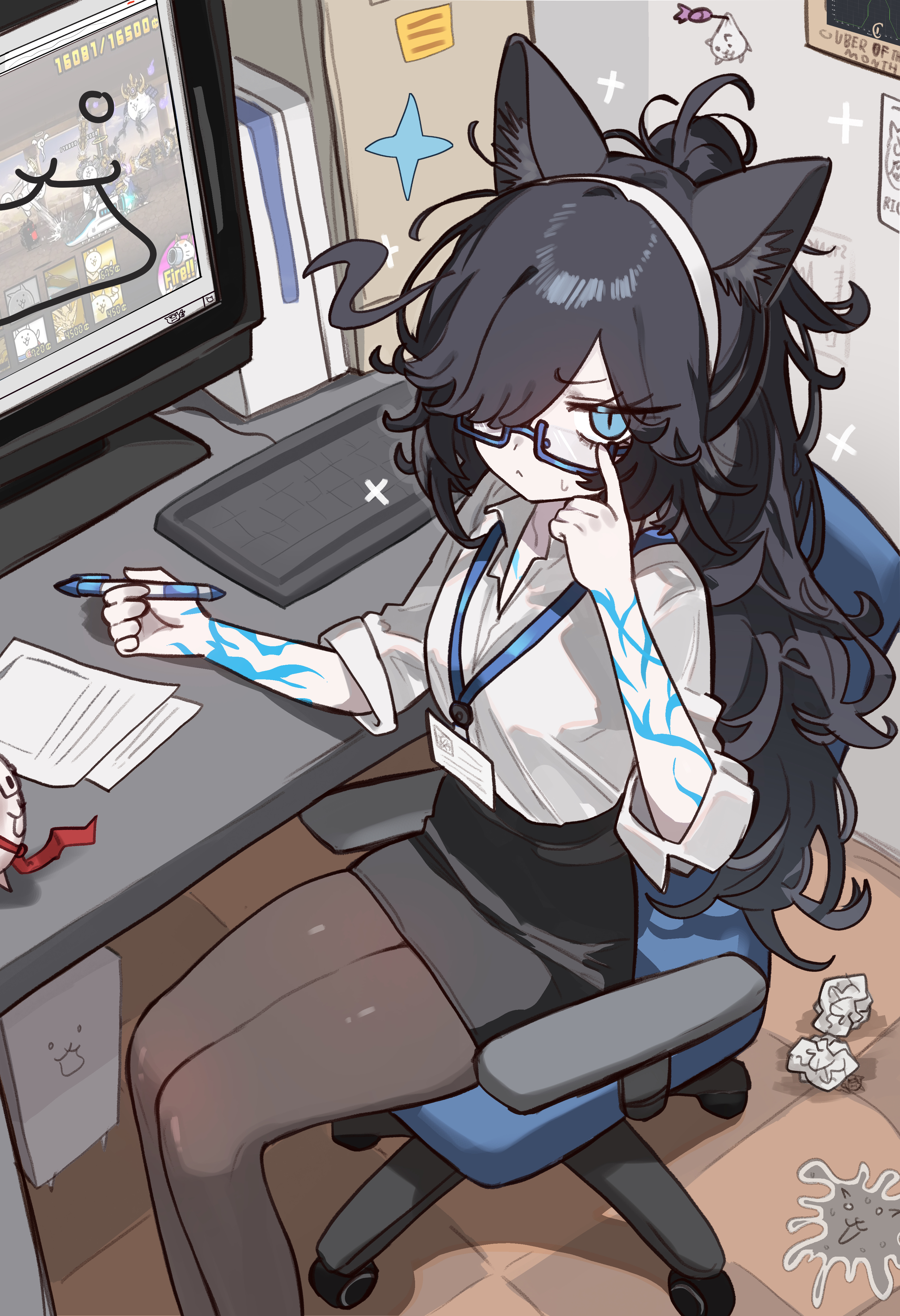 ebora, dark kasli (nyanko daisensou), kasli (nyanko daisensou), nyanko daisensou, absurdres, highres, 1girl, animal ears, black hair, blue eyes, body markings, breasts, cat ears, cat girl, frown, glasses, hair over one eye, holding, holding pen, lanyard, long hair, looking at viewer, office lady, pale skin, pantyhose, pen, pencil skirt, skirt, small breasts, sweatdrop