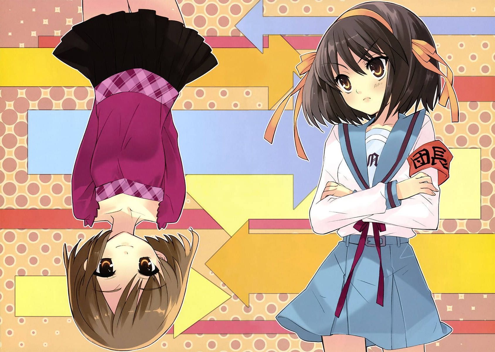 ito noizi, sasaki, sasaki (suzumiya haruhi), suzumiya haruhi, suzumiya haruhi no yuuutsu, highres, 00s, 2girls, armband, brown eyes, brown hair, hairband, multiple girls, rotational symmetry, school uniform, short hair, skirt, upside-down