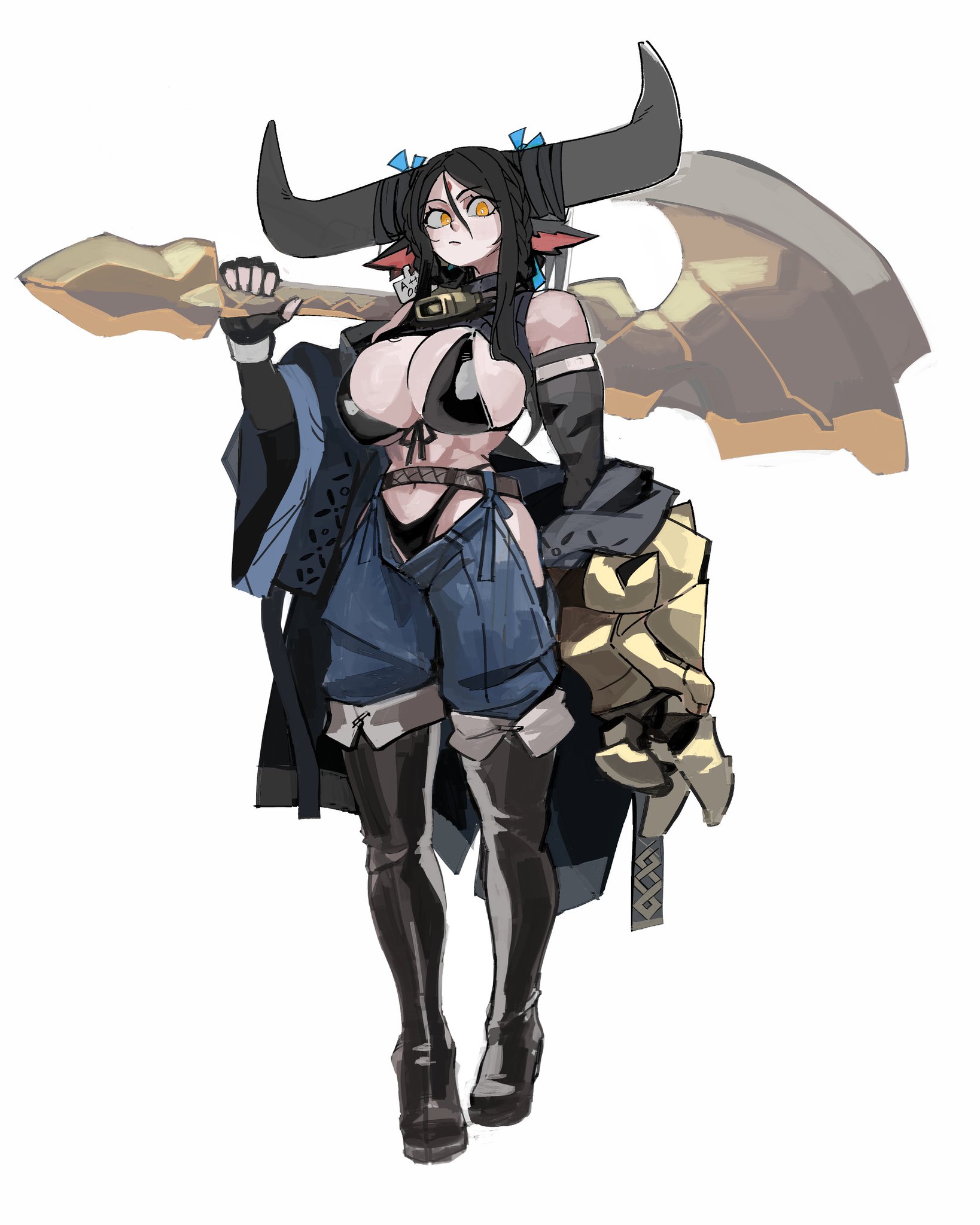33dot, ox-chan (33dot), original, commentary, english commentary, highres, 1girl, abs, animal ears, bare shoulders, bell, belt, bikini, black bikini, black boots, black gloves, black hair, boots, braid, breasts, cow ears, cow girl, cow horns, cowbell, denim, fingerless gloves, gloves, hair between eyes, hair ornament, holding, holding weapon, horns, jacket, jeans, large breasts, large horns, long hair, long hair between eyes, looking at viewer, muscular, muscular female, over shoulder, pants, simple background, swimsuit, weapon, weapon over shoulder, yellow eyes