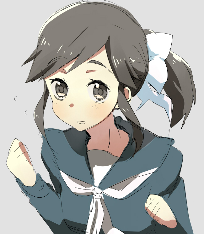 ecocube, eka eri, takane manaka, love plus, 1girl, bad anatomy, bad hands, blush, bow, brown eyes, brown hair, clenched hands, female focus, flying sweatdrops, grey background, hair bow, long sleeves, looking at viewer, neckerchief, ponytail, school uniform, serafuku, sidelocks, simple background, solo, swept bangs, tareme, upper body, white bow, white neckerchief
