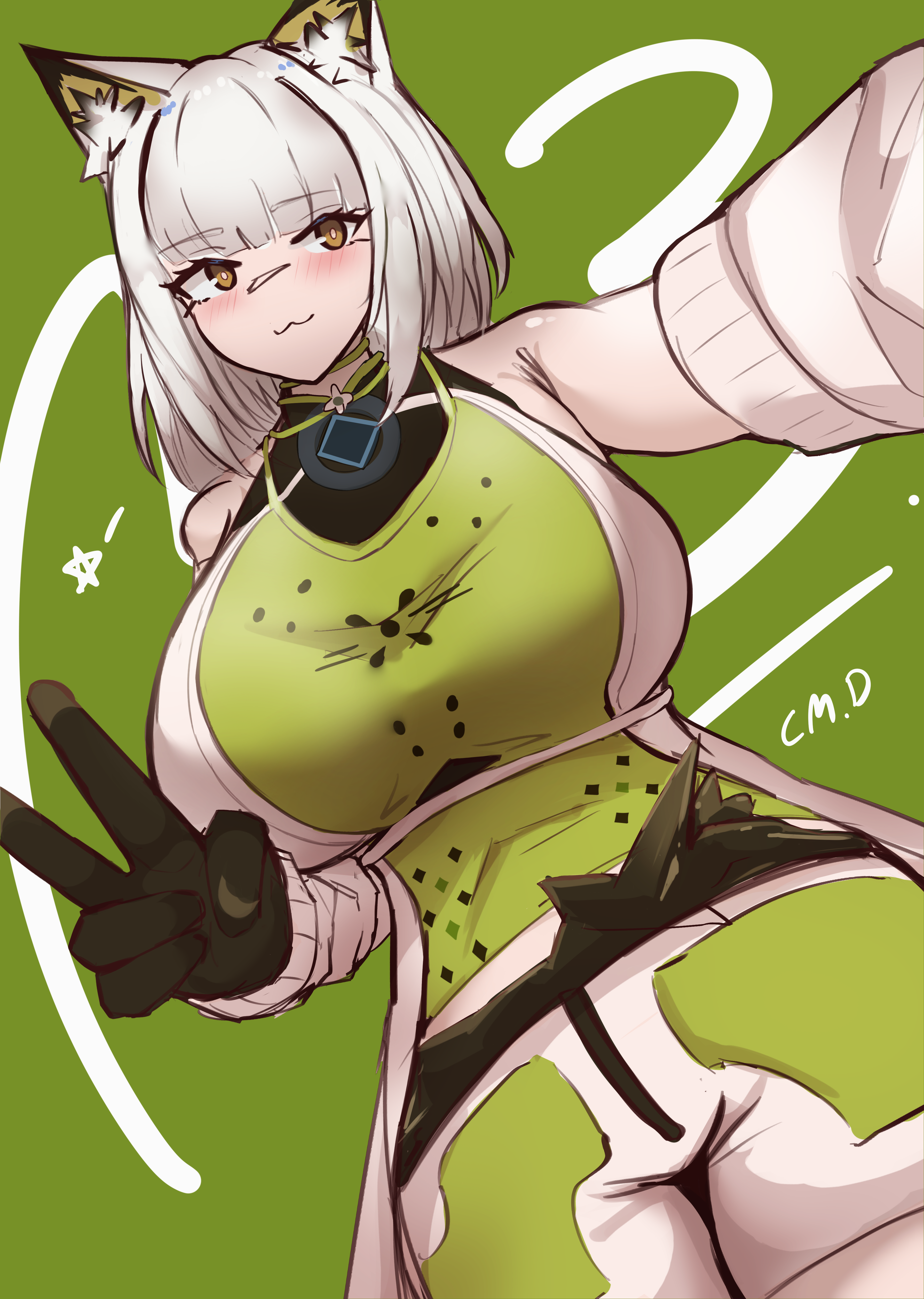 chama.d, arknights, arknights: endfield, absurdres, commentary, english commentary, highres, :3, animal ear fluff, animal ears, artist name, bare shoulders, black gloves, blush, breasts, closed mouth, cowboy shot, detached sleeves, endfield lynx girl (arknights), gloves, green background, huge breasts, large breasts, long hair, looking at viewer, smile, v