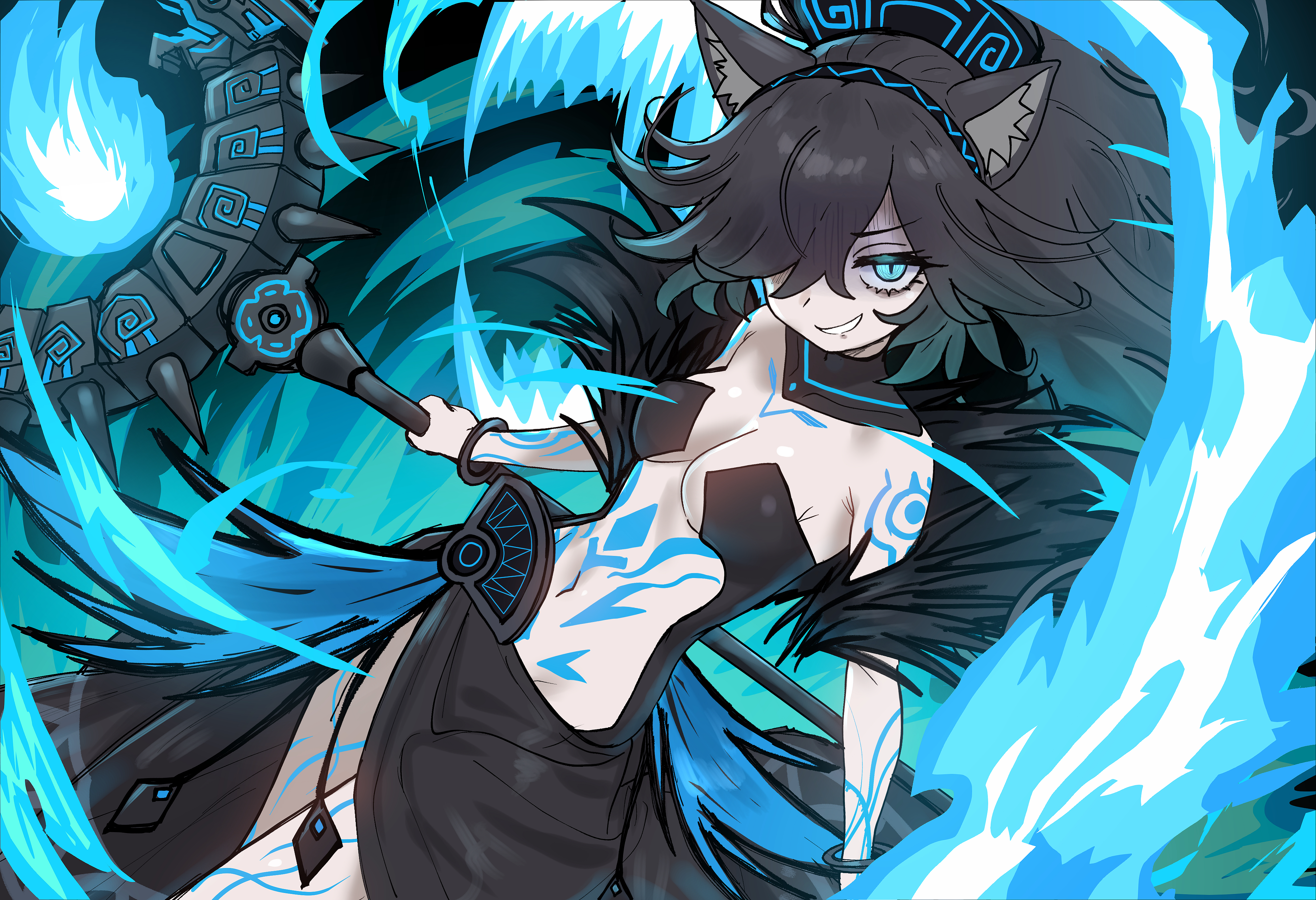 ebora, dark kasli (nyanko daisensou), kasli (nyanko daisensou), nyanko daisensou, absurdres, highres, 1girl, animal ear fluff, animal ears, bangle, bare shoulders, black dress, black hair, blue eyes, blue fire, body markings, bracelet, breasts, cat ears, cat girl, cleavage, detached collar, dress, dutch angle, feather boa, fire, grin, hair over one eye, hairband, head tilt, headpiece, holding, holding staff, jewelry, long hair, looking at viewer, navel, pale skin, revealing clothes, sleeveless, sleeveless dress, slit pupils, small breasts, smile, solo, staff, standing