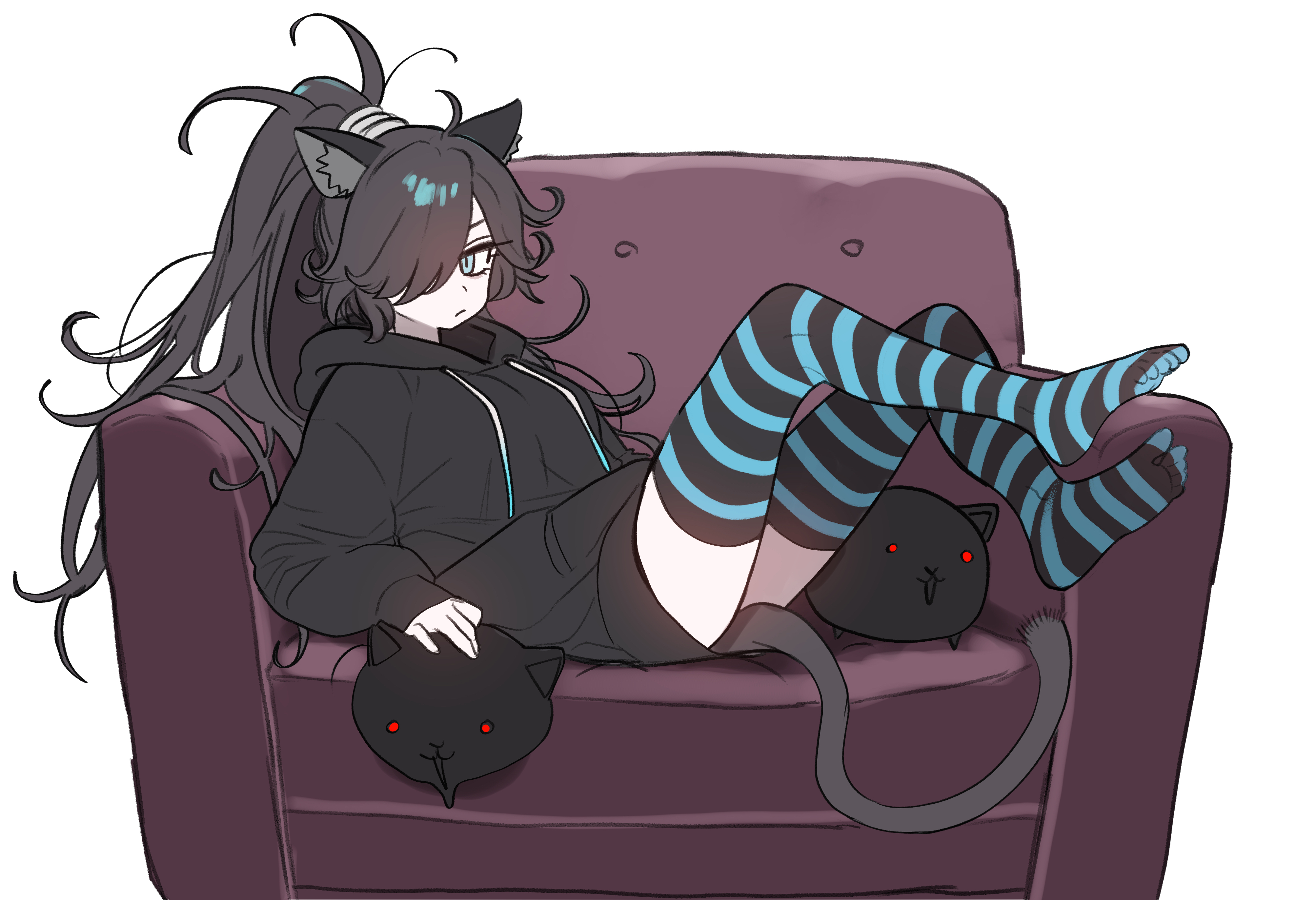 ebora, cat (nyanko daisensou), kasli (nyanko daisensou), nyanko daisensou, absurdres, highres, 1girl, animal ear fluff, animal ears, black hair, black hoodie, black thighhighs, blue eyes, blue thighhighs, breasts, cat ears, cat girl, cat tail, couch, expressionless, feet, full body, hair over one eye, hood, hood down, hoodie, long hair, long sleeves, looking at viewer, lying, no pants, on back, on couch, pale skin, ponytail, small breasts, striped clothes, striped thighhighs, tail, thighhighs, very long hair