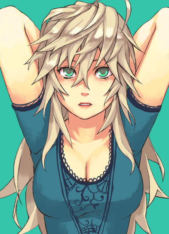 yuuji (and), mustard seeds, original, 1girl, ahoge, aqua background, arms behind head, arms up, blonde hair, blouse, blue shirt, breasts, cleavage, female focus, green eyes, large breasts, long hair, shirt, simple background, solo, upper body