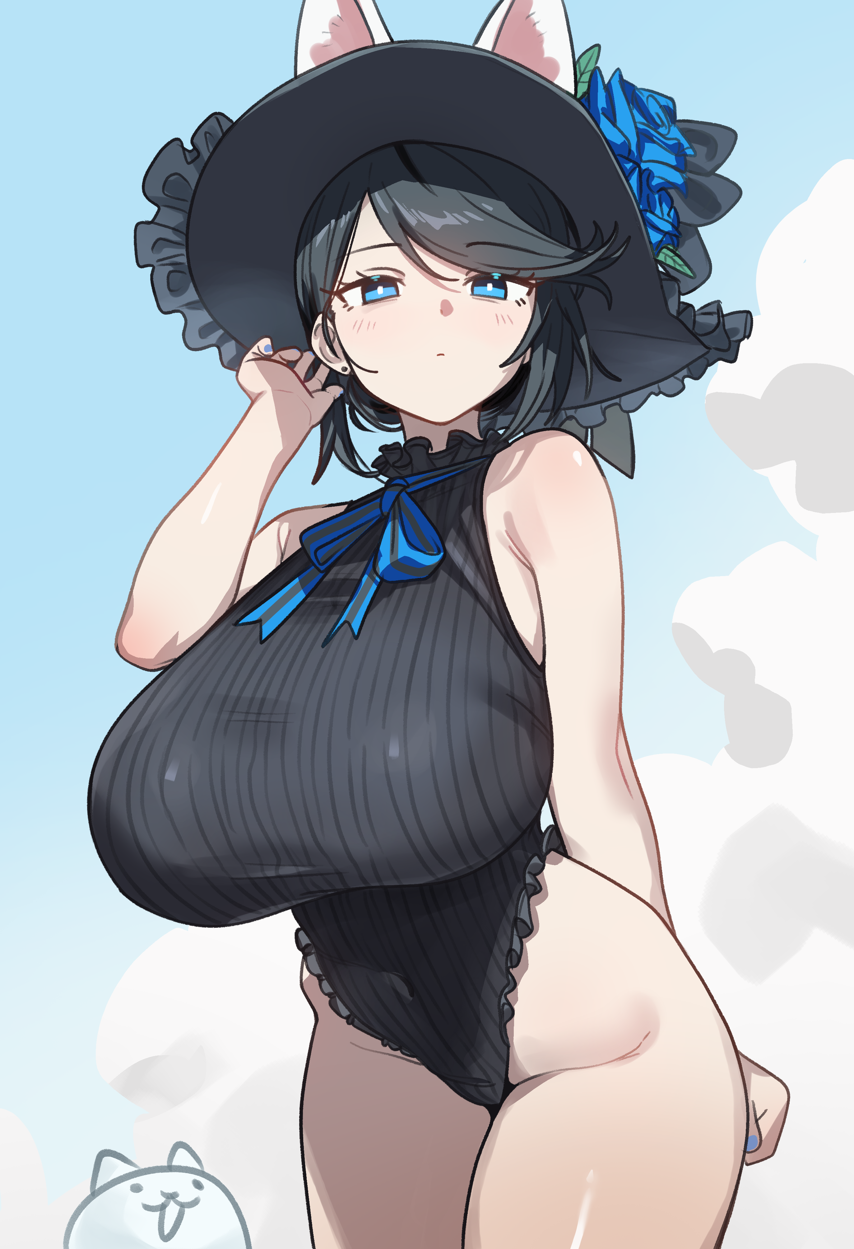 ebora, cat (nyanko daisensou), mitama (nyanko daisensou), nyanko daisensou, absurdres, highres, +++, 1girl, adjusting hair, animal ears, arm behind back, bare shoulders, black hair, black hat, black one-piece swimsuit, blue eyes, blue flower, blue nails, blue ribbon, blue rose, blue sky, blush, breasts, cat ears, cat girl, closed mouth, cloud, cloudy sky, covered navel, cowboy shot, curled fingers, dot mouth, earrings, expressionless, flower, frilled one-piece swimsuit, frills, groin, hair behind ear, hand up, hat, hat flower, highleg, highleg one-piece swimsuit, huge breasts, jewelry, nail polish, neck ribbon, one-piece swimsuit, ribbon, rose, short hair, sidelocks, sky, sleeveless, solo, standing, stud earrings, swept bangs, swimsuit, thighs, tucking hair