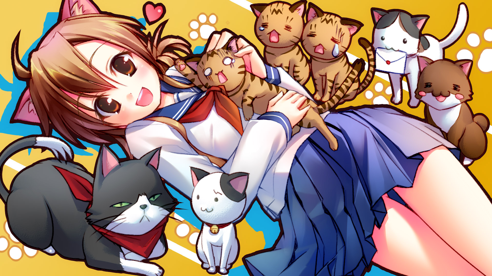 takoyaki (roast), mizuno kaede, nyamsas, tama (nyan koi), nyan koi!, highres, 00s, 1girl, animal ears, brown eyes, brown hair, cat, cat ears, envelope, heart, lying, open mouth, paw print, round teeth, school uniform, serafuku, skirt, teeth