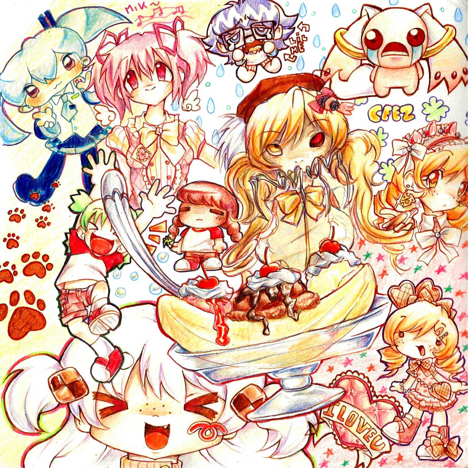 lennardo (grim the end), hatsune miku, kaname madoka, koiwai yotsuba, kyubey, lilith (the binding of isaac), madotsuki, nakano yotsuba, tomoe mami, mahou shoujo madoka magica, mahou shoujo madoka magica (anime), original, the binding of isaac, yotsubato!, yume nikki, highres, traditional media, 6+girls, artist self-insert, banana split, cheese earrings, chibi, clover, crying, crying with eyes open, earrings, food, food-themed earrings, glasses, jewelry, mismatched eyes, multiple girls, musical note, paw print, sweets, tears