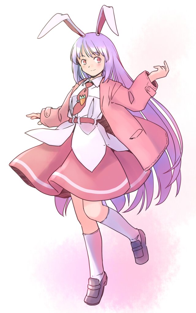 rangycrow, reisen udongein inaba, touhou, commentary request, 1girl, animal ears, belt, brown shoes, carrot pin, collared shirt, full body, hands up, jacket, kneehighs, knees, leg up, light blush, long hair, long sleeves, necktie, one-hour drawing challenge, pink background, pink hair, rabbit ears, rabbit girl, red belt, red eyes, red jacket, red necktie, red skirt, shirt, shoes, skirt, smile, socks, solo, split mouth, very long hair, white background, white shirt, white socks