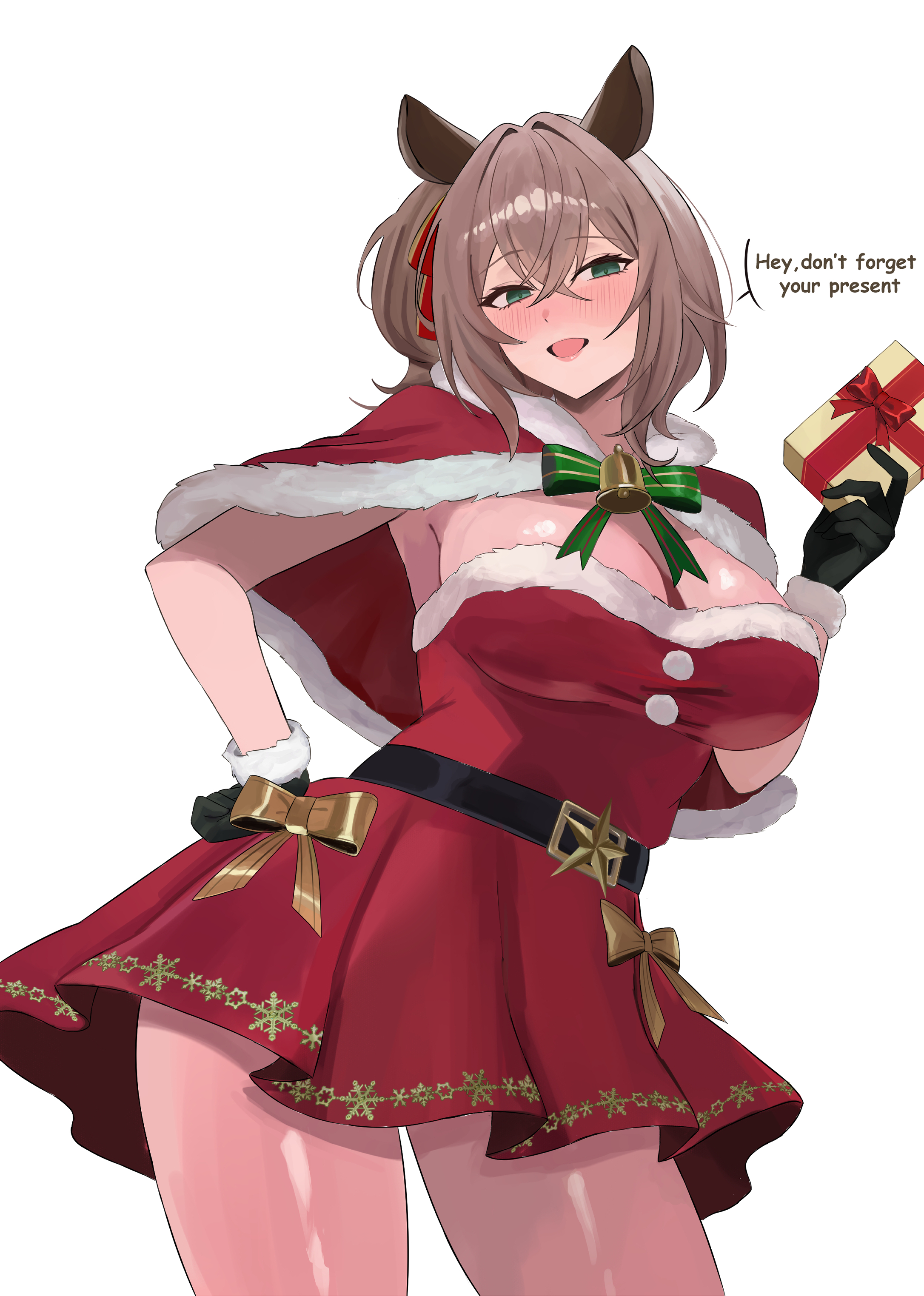 miko 4013, nimi nightmare, indie virtual youtuber, absurdres, commentary, english commentary, highres, 1girl, alternate costume, black gloves, breasts, brown hair, capelet, christmas present, dress, fur-trimmed capelet, fur-trimmed dress, fur-trimmed gloves, fur trim, gift, gloves, green eyes, hand on own hip, holding, holding gift, large breasts, looking at viewer, open mouth, red capelet, red eyes, santa costume, santa dress, smile, solo, virtual youtuber, white background