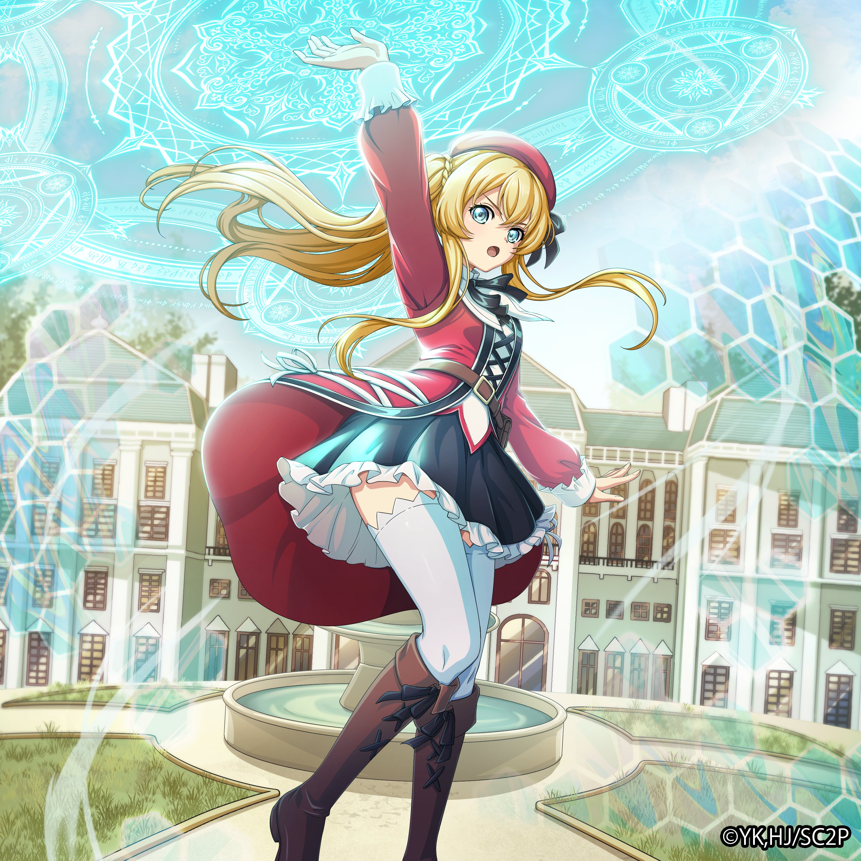 celia claire, seirei gensouki, absurdres, artist request, commentary request, highres, official art, 1girl, anime coloring, belt, belt pouch, black bow, black bowtie, black ribbon, blonde hair, blue eyes, boots, bow, bowtie, brown boots, casting spell, dress, full body, hair between eyes, hat, hat ribbon, long hair, long sidelocks, long sleeves, looking at viewer, official alternate hair color, open hand, open mouth, palms, pouch, red hat, ribbon, short dress, side ponytail, sidelocks, solo, standing, thighhighs, transparent background, very long sidelocks, white thighhighs, zettai ryouiki