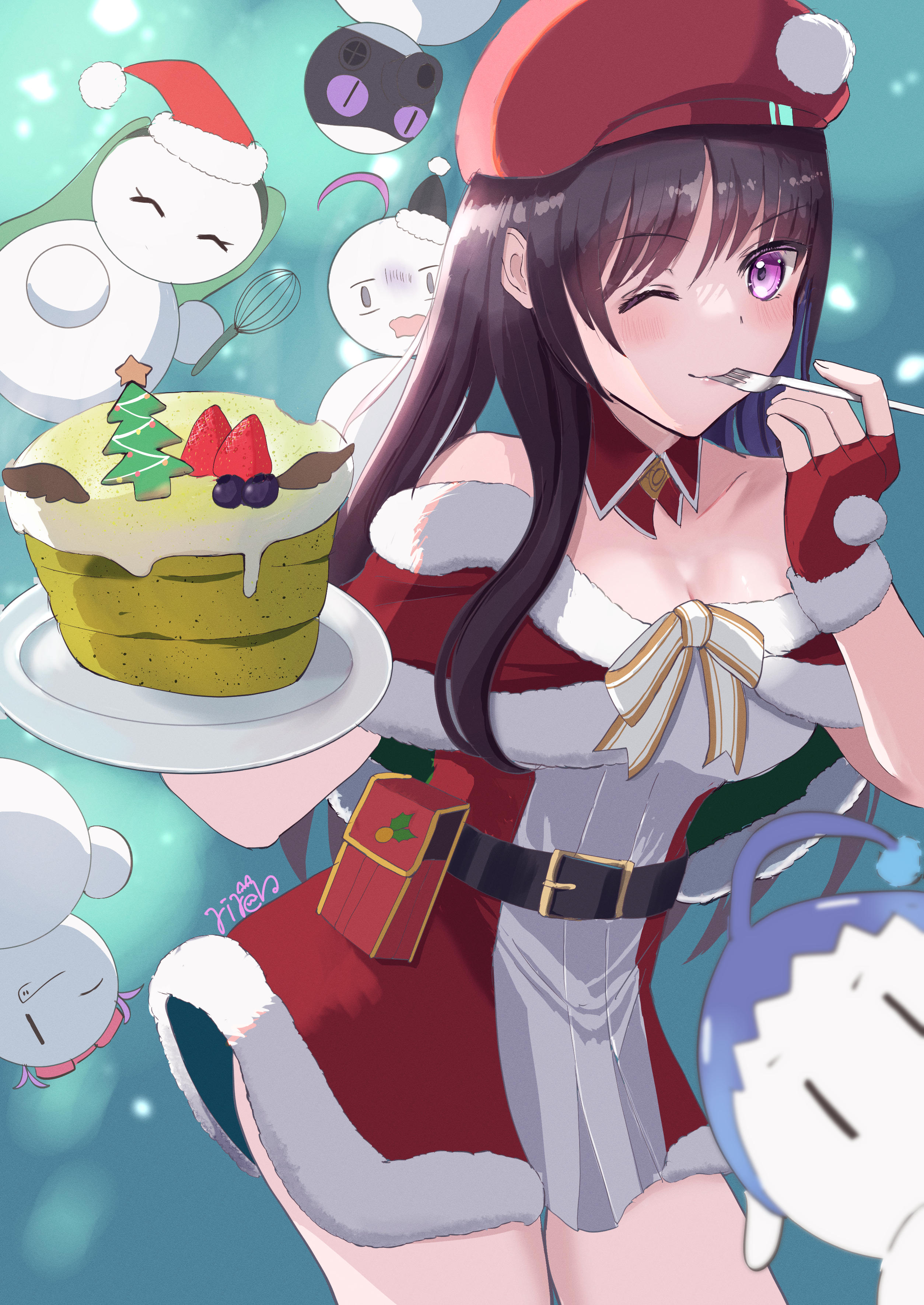 smyin rii, nikaidou misato, heaven burns red, absurdres, commentary request, highres, 1girl, bare shoulders, belt, beret, black hair, blush, breasts, cake, capelet, christmas, cleavage, detached collar, dress, eating, fingerless gloves, food, fork, fruit, fur-trimmed capelet, fur-trimmed dress, fur-trimmed gloves, fur trim, gloves, hat, holding, holding cake, holding food, holding fork, holding plate, long hair, looking at viewer, off shoulder, one eye closed, plate, purple eyes, red capelet, red dress, red gloves, santa costume, santa dress, santa hat, smile, snowman, solo, spoon, strawberry, utensil in mouth, whisk